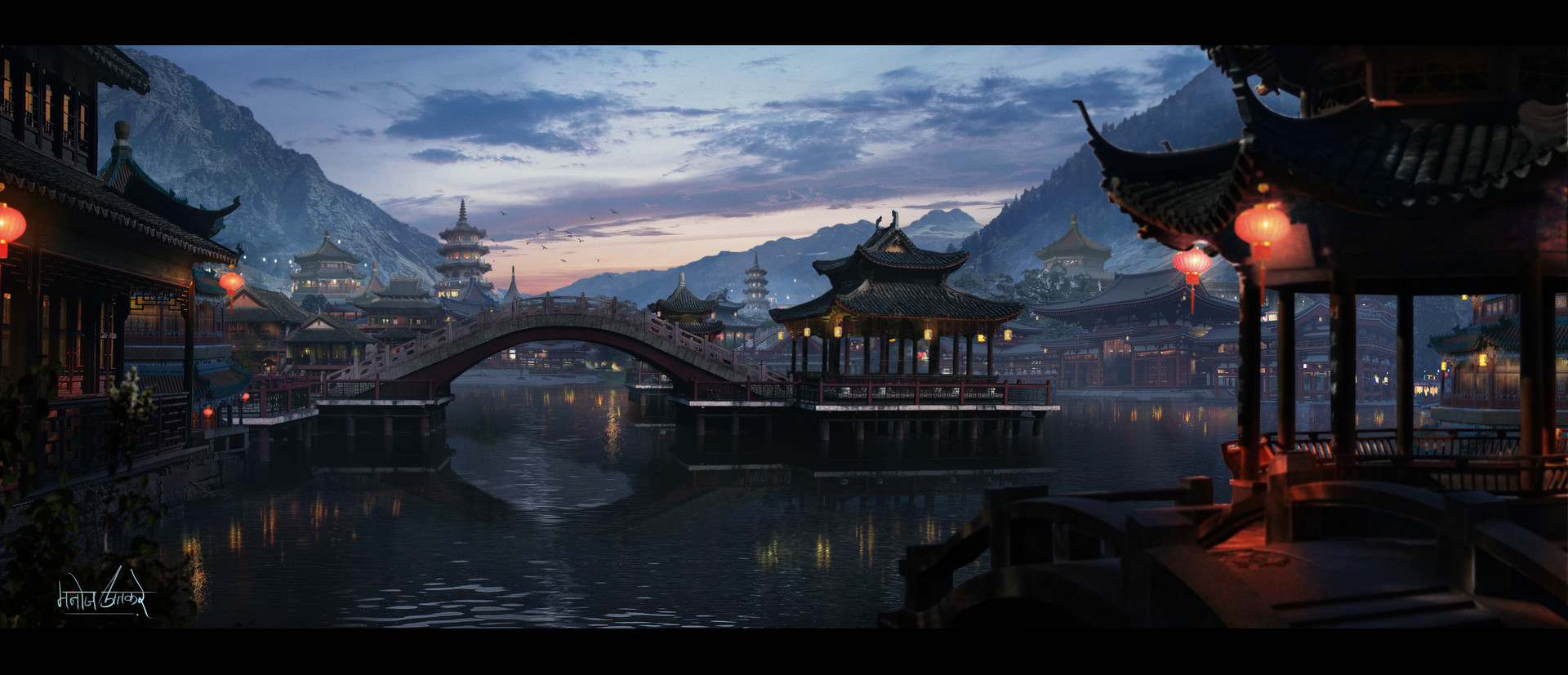 Serene Asian Cityscape with Bridge and Lanterns HD Wallpaper