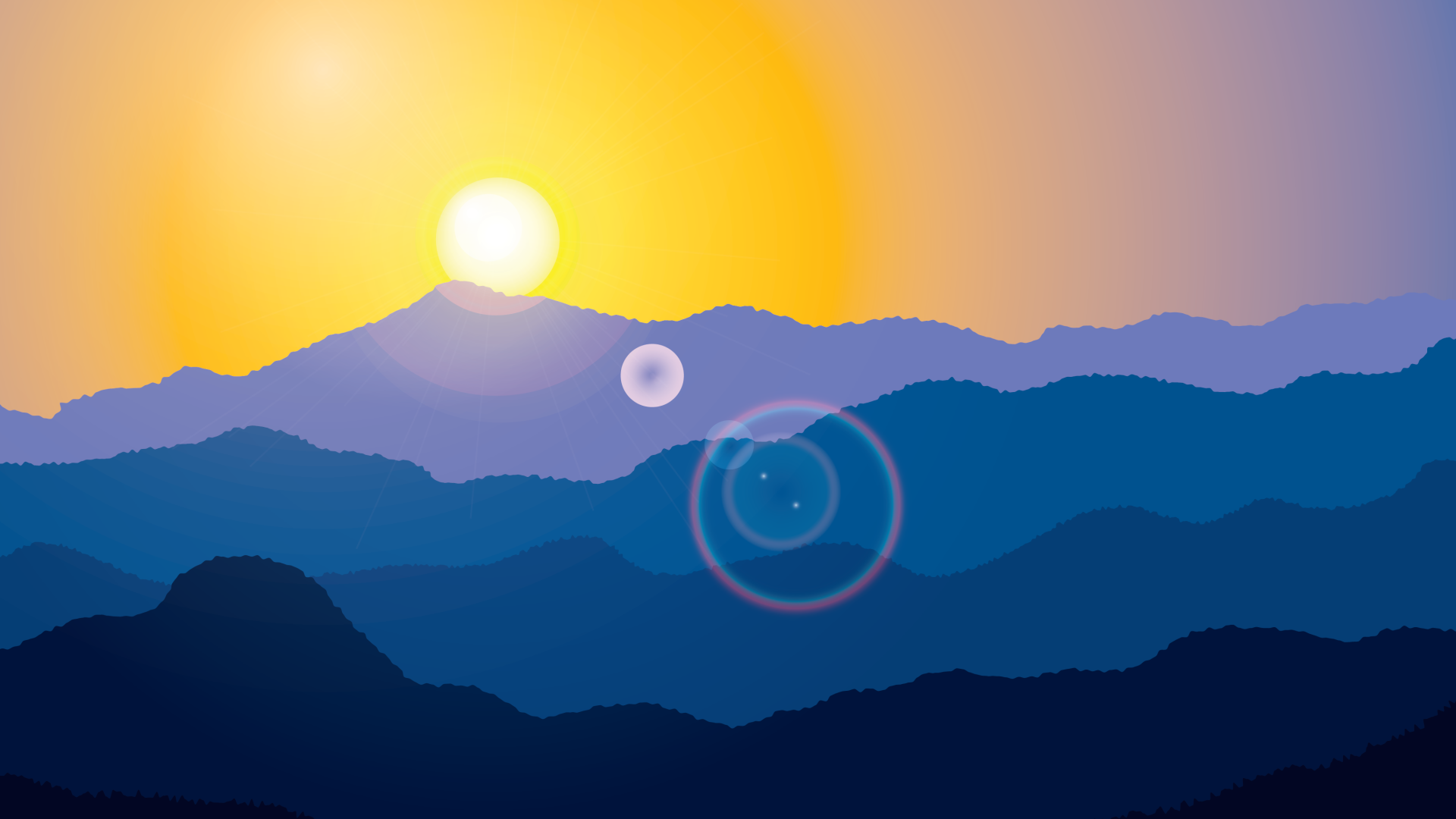 Minimalist mountain landscape with sun and lens flare HD Wallpaper