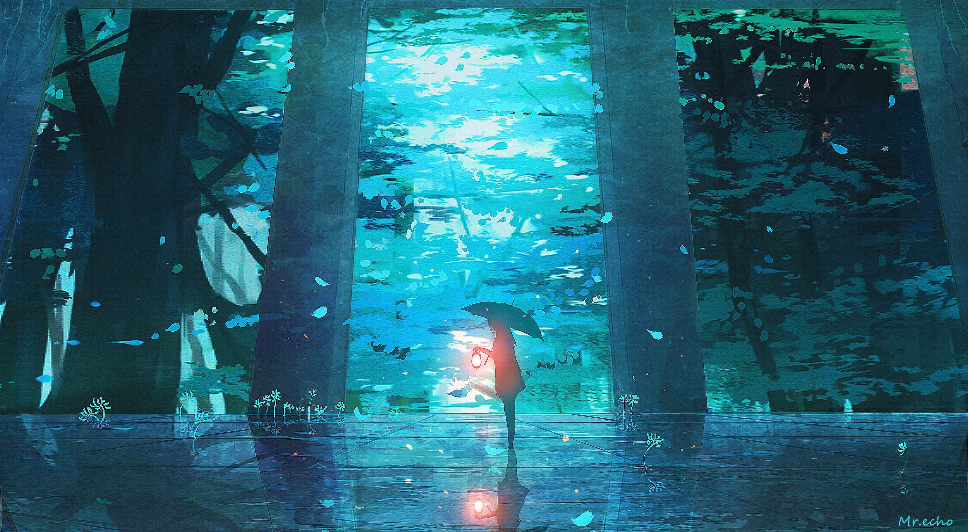 Anime girl with umbrella and lantern in forest HD Wallpaper