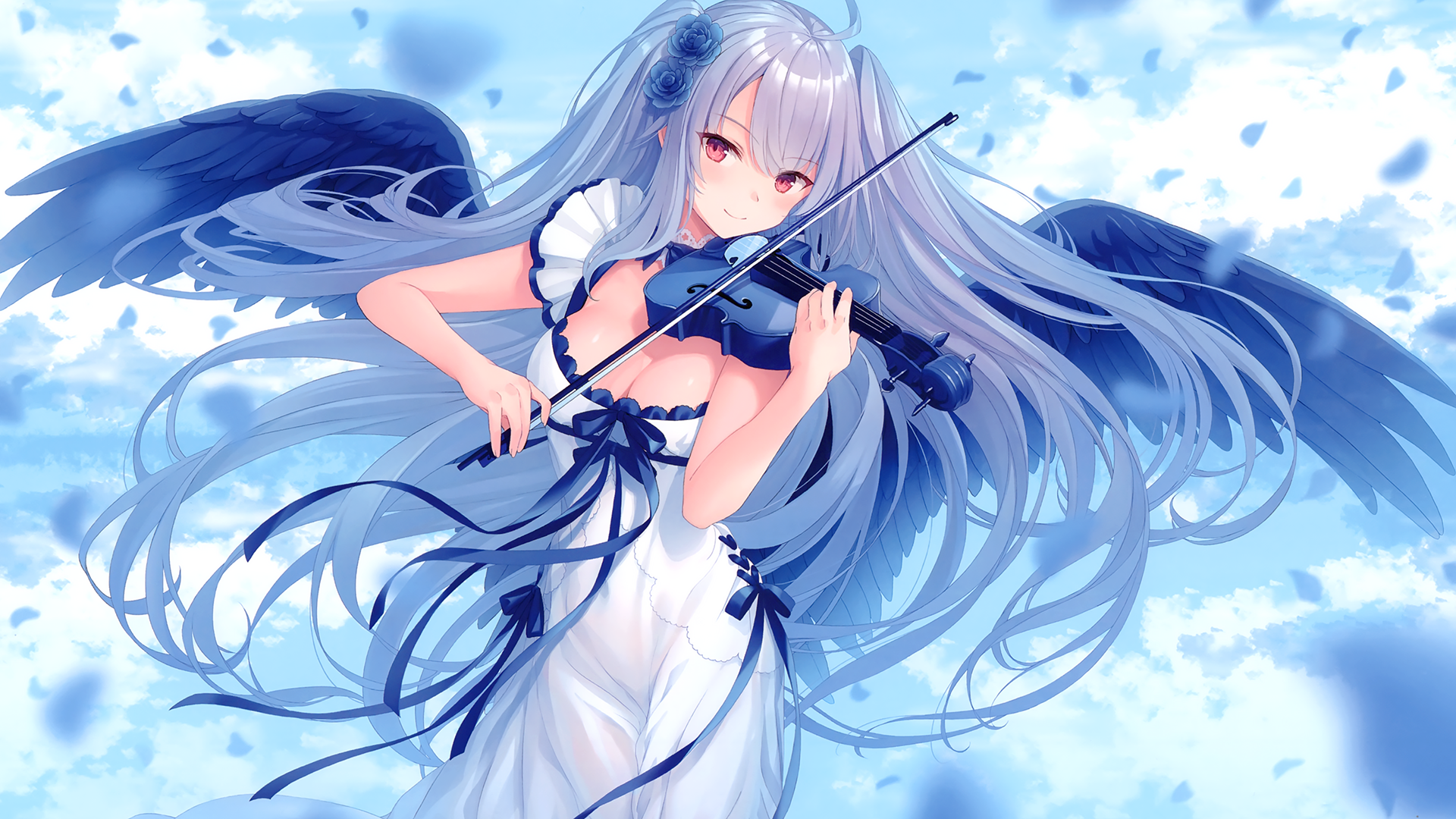 Anime girl with wings playing violin HD Wallpaper