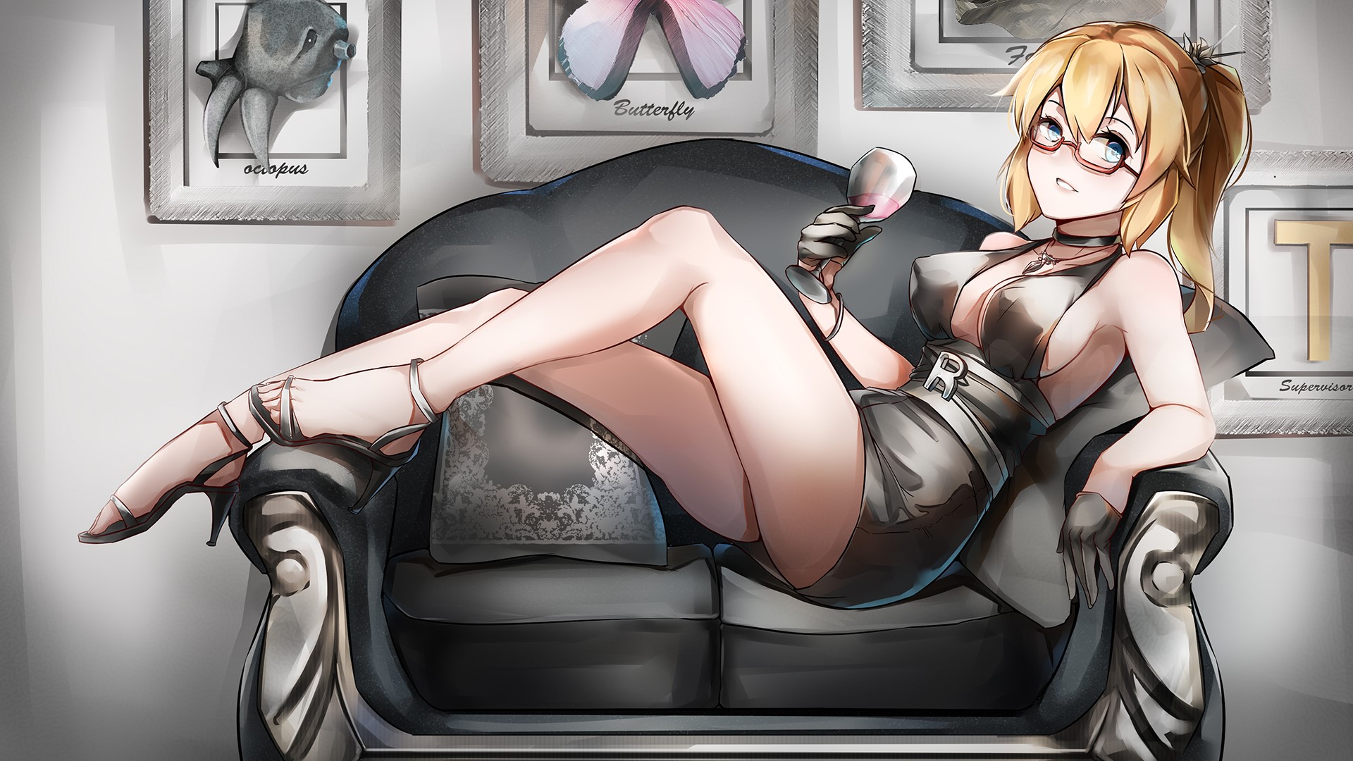 Blonde woman in black dress with wine glass HD Wallpaper