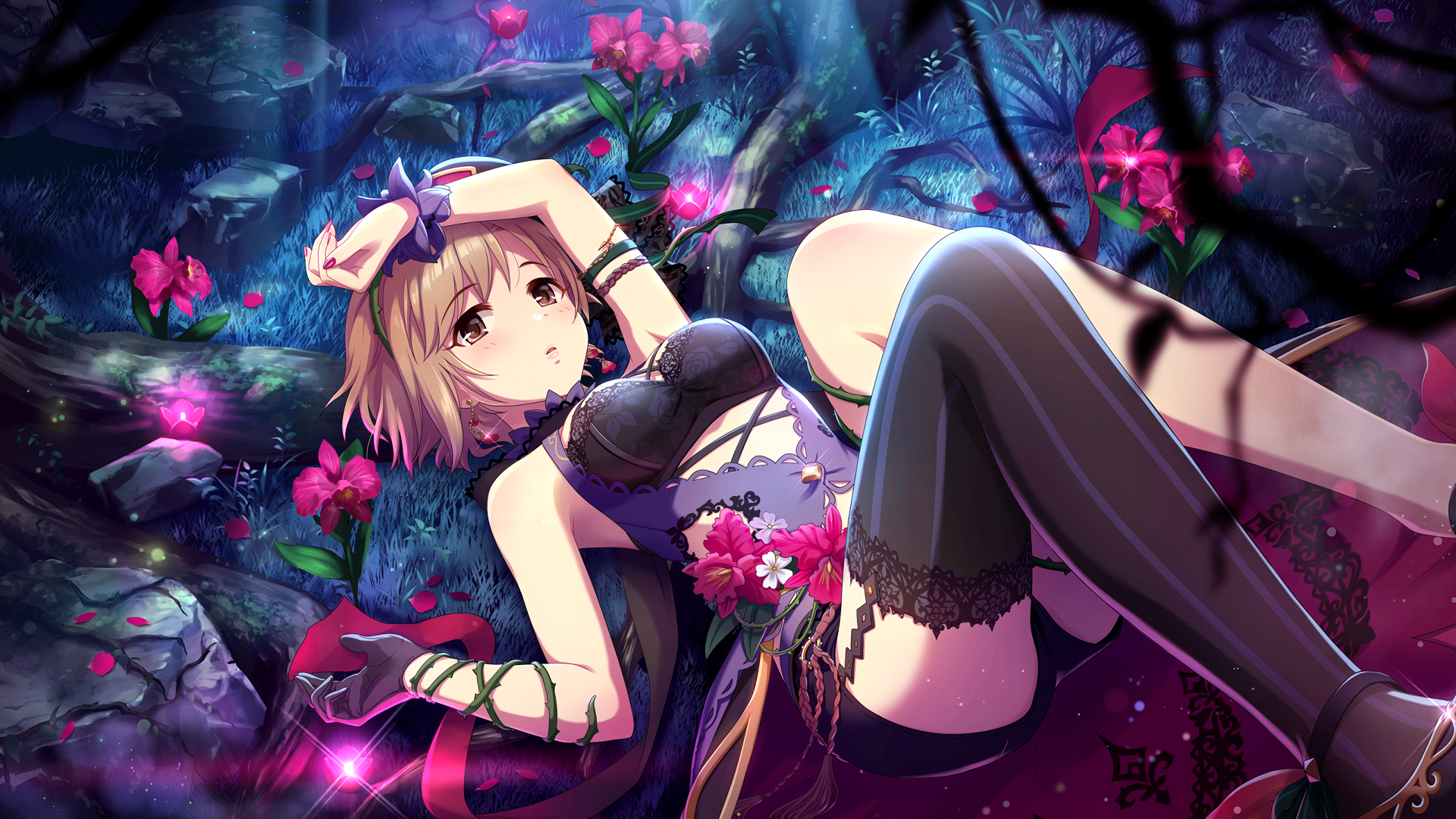 Anime girl in a dark forest with flowers HD Wallpaper