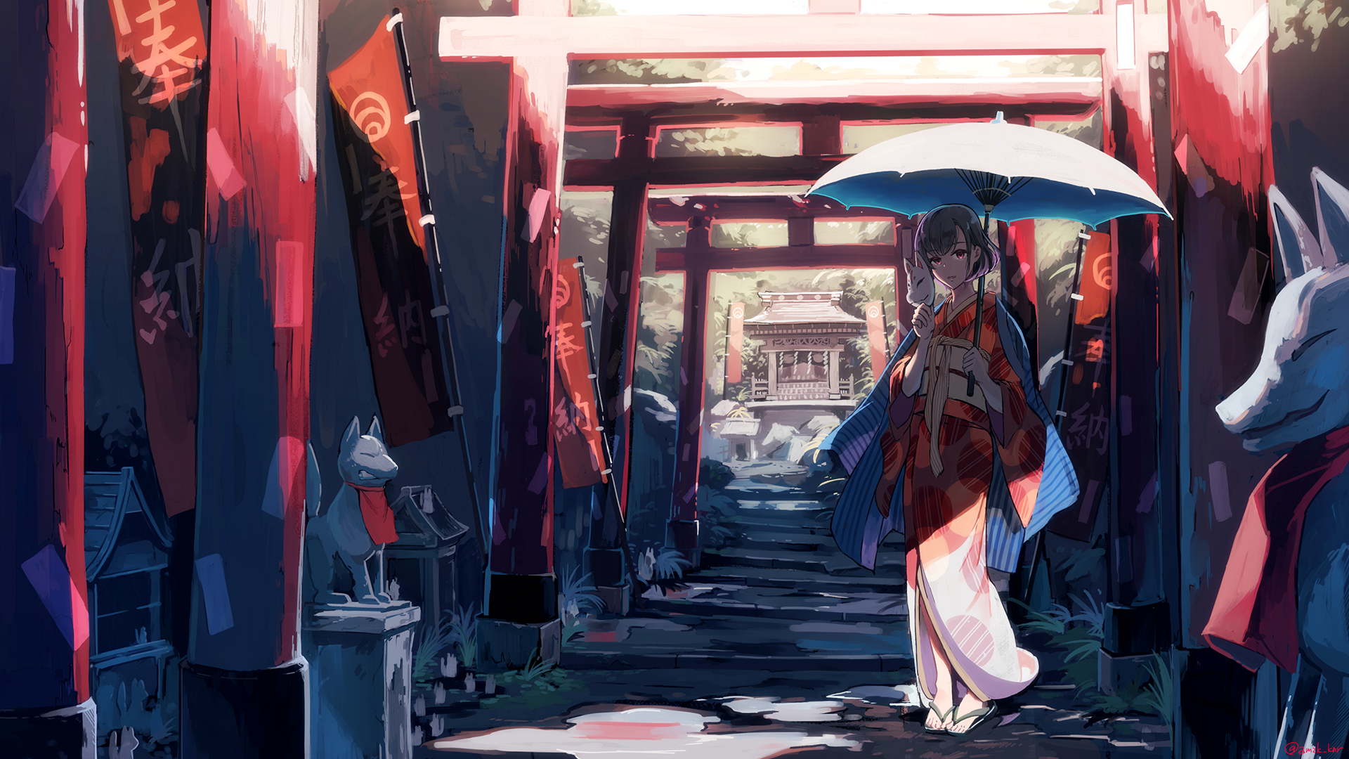 Anime girl with fox mask and umbrella at shrine HD Wallpaper