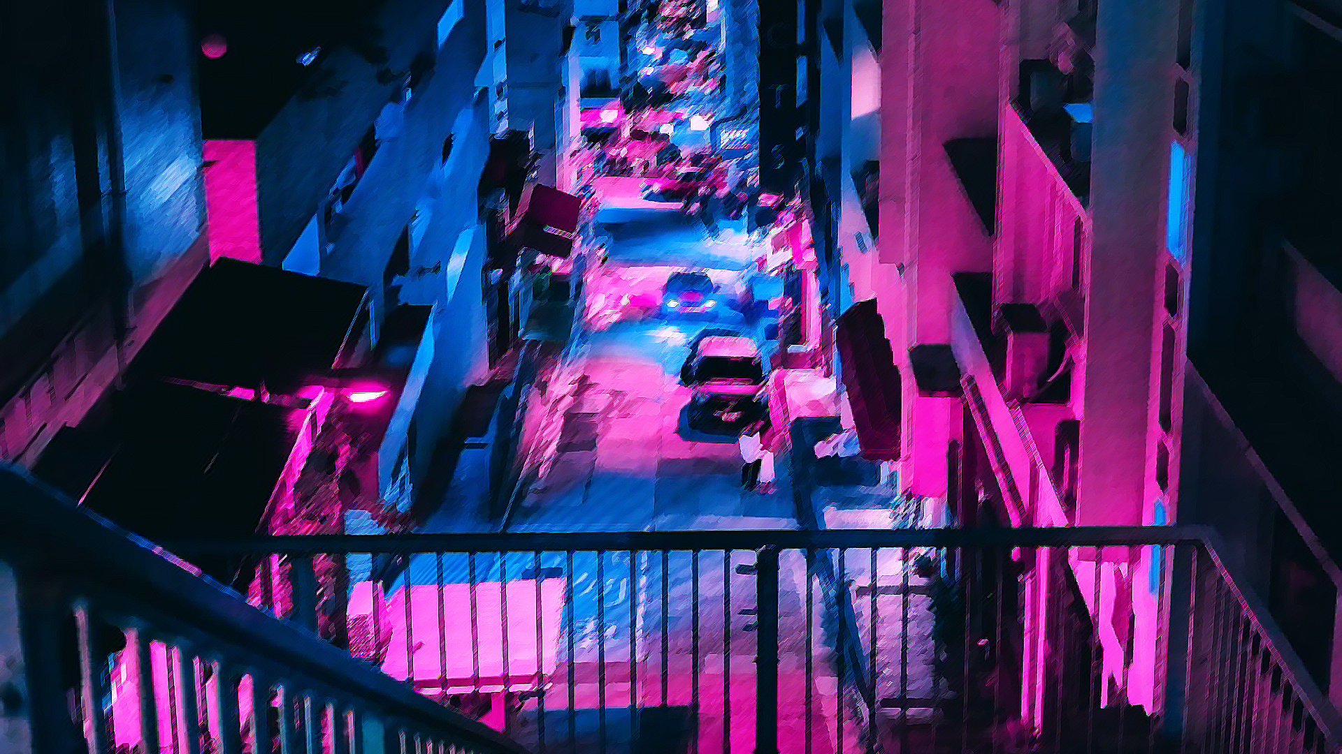 City street at night with neon lights and cars HD Wallpaper