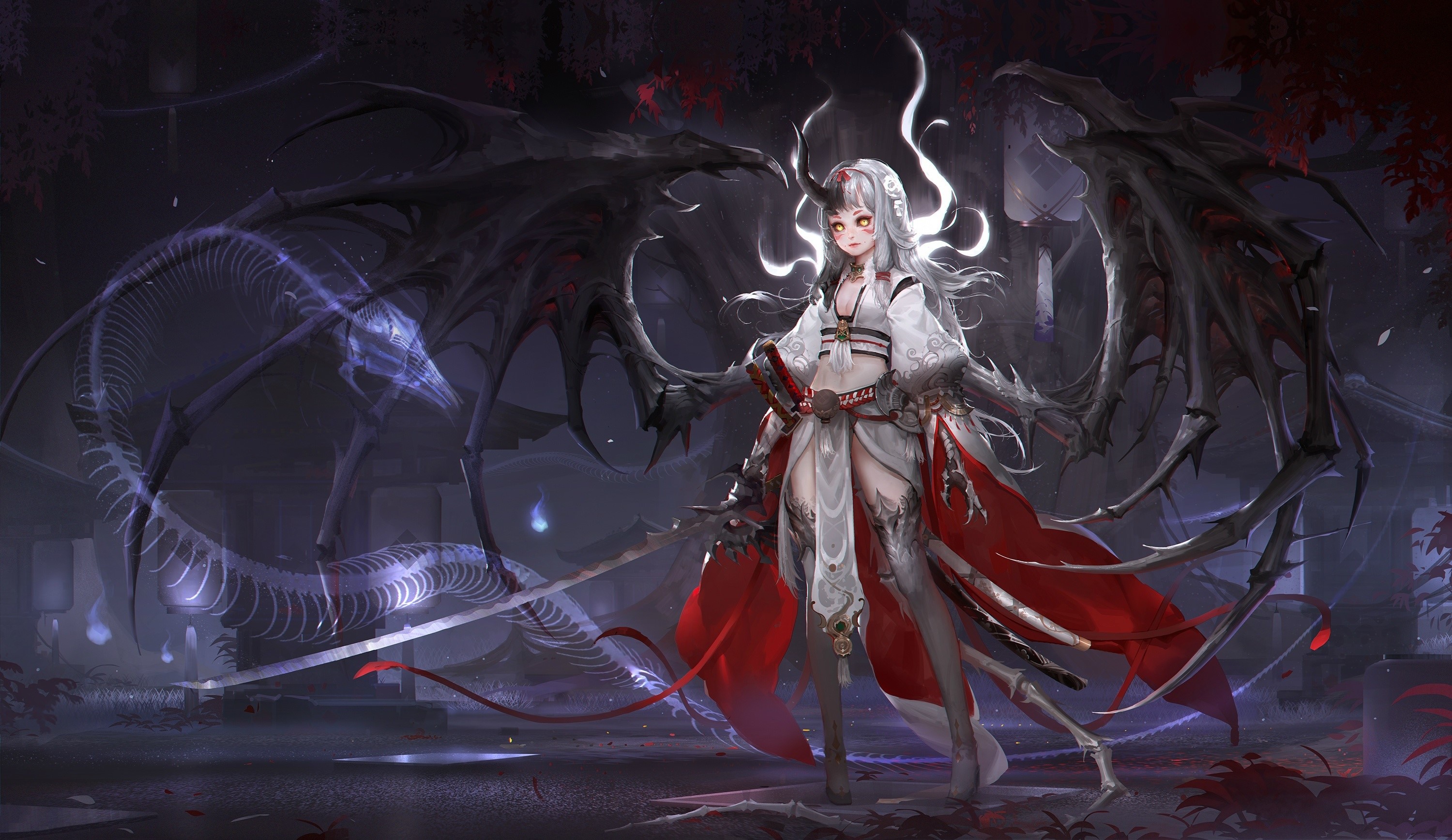 Fantasy girl with dragon wings and skeleton dragon HD Wallpaper