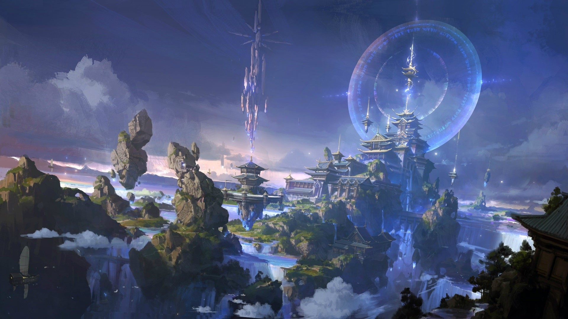 Fantasy city with floating islands and waterfalls HD Wallpaper