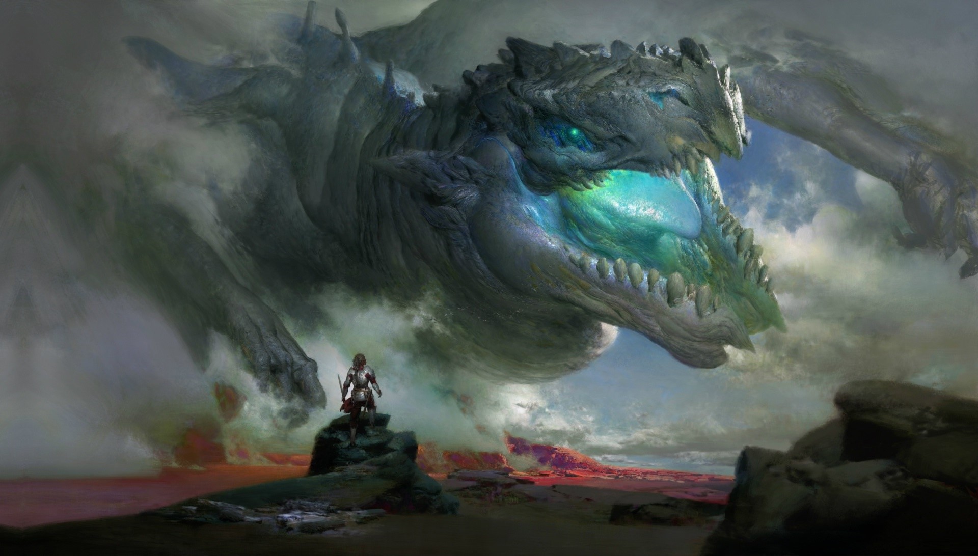 A knight faces a colossal dragon in a misty landscape HD Wallpaper