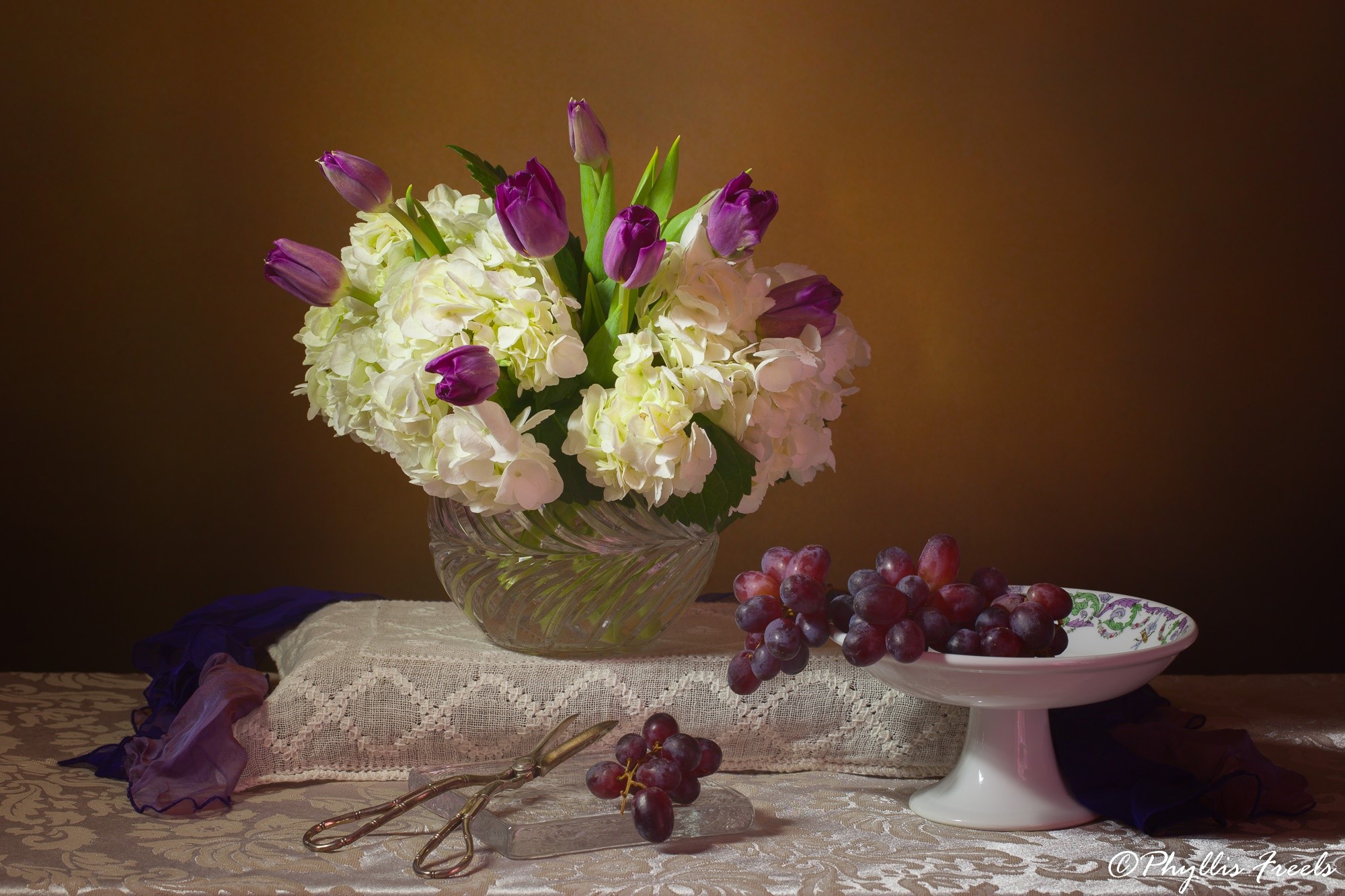 Still life with tulips, hydrangeas, grapes, and scissors HD Wallpaper