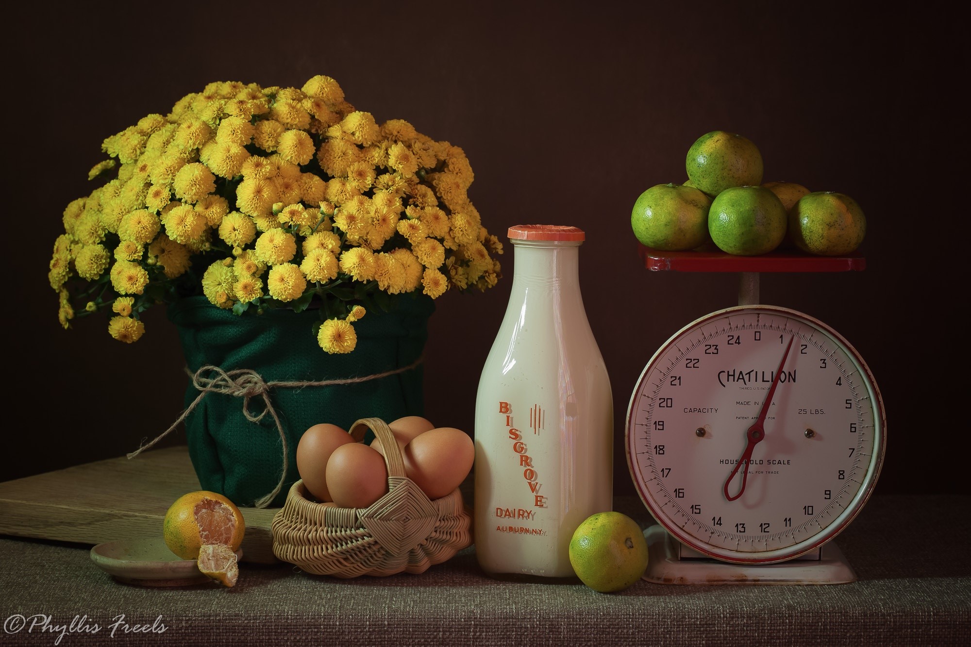 Still life with flowers, milk, eggs, and fruit HD Wallpaper