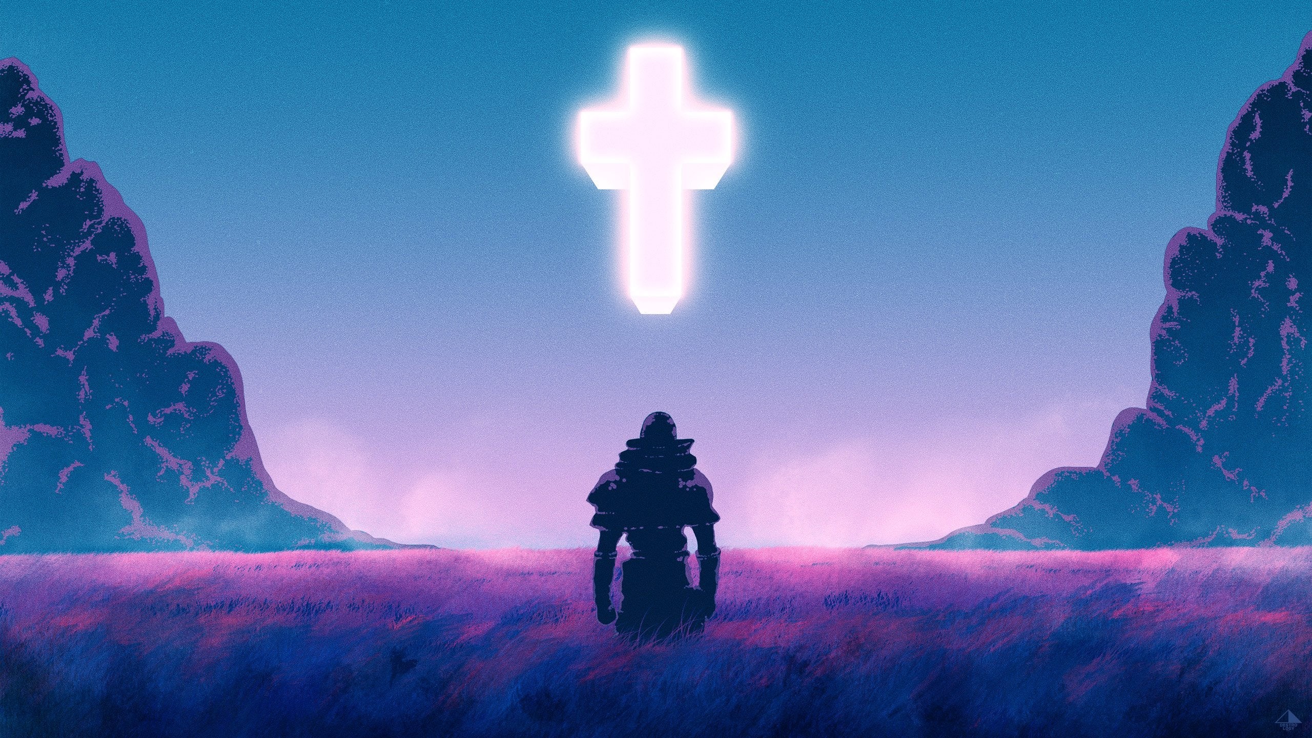 Figure kneeling before a glowing cross in a field HD Wallpaper