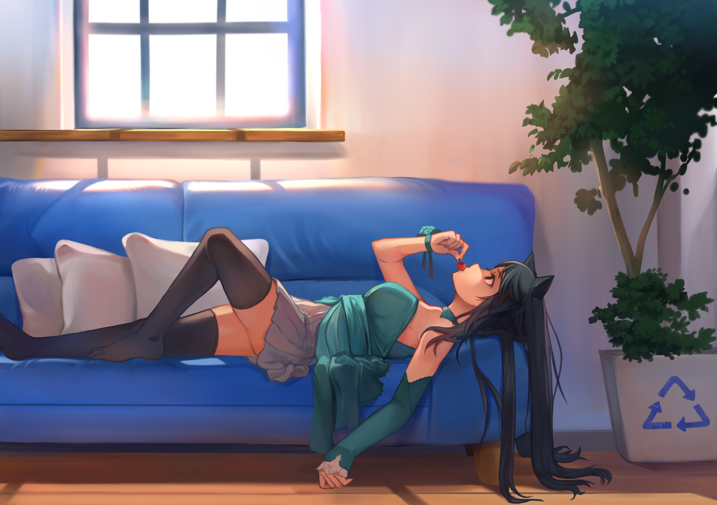 Anime girl with cat ears eating a cherry on a couch HD Wallpaper