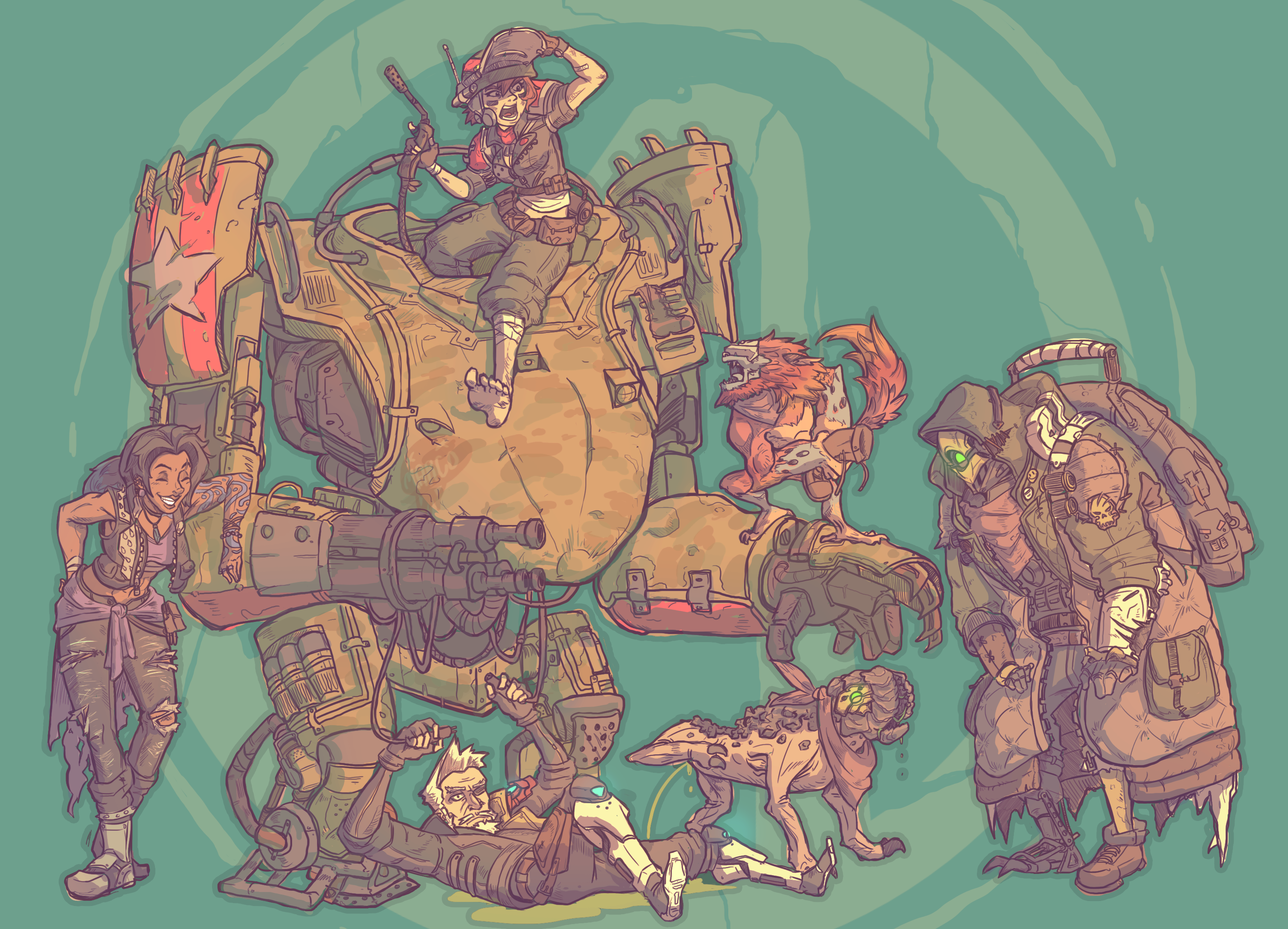 Borderlands characters with a mech and creatures HD Wallpaper