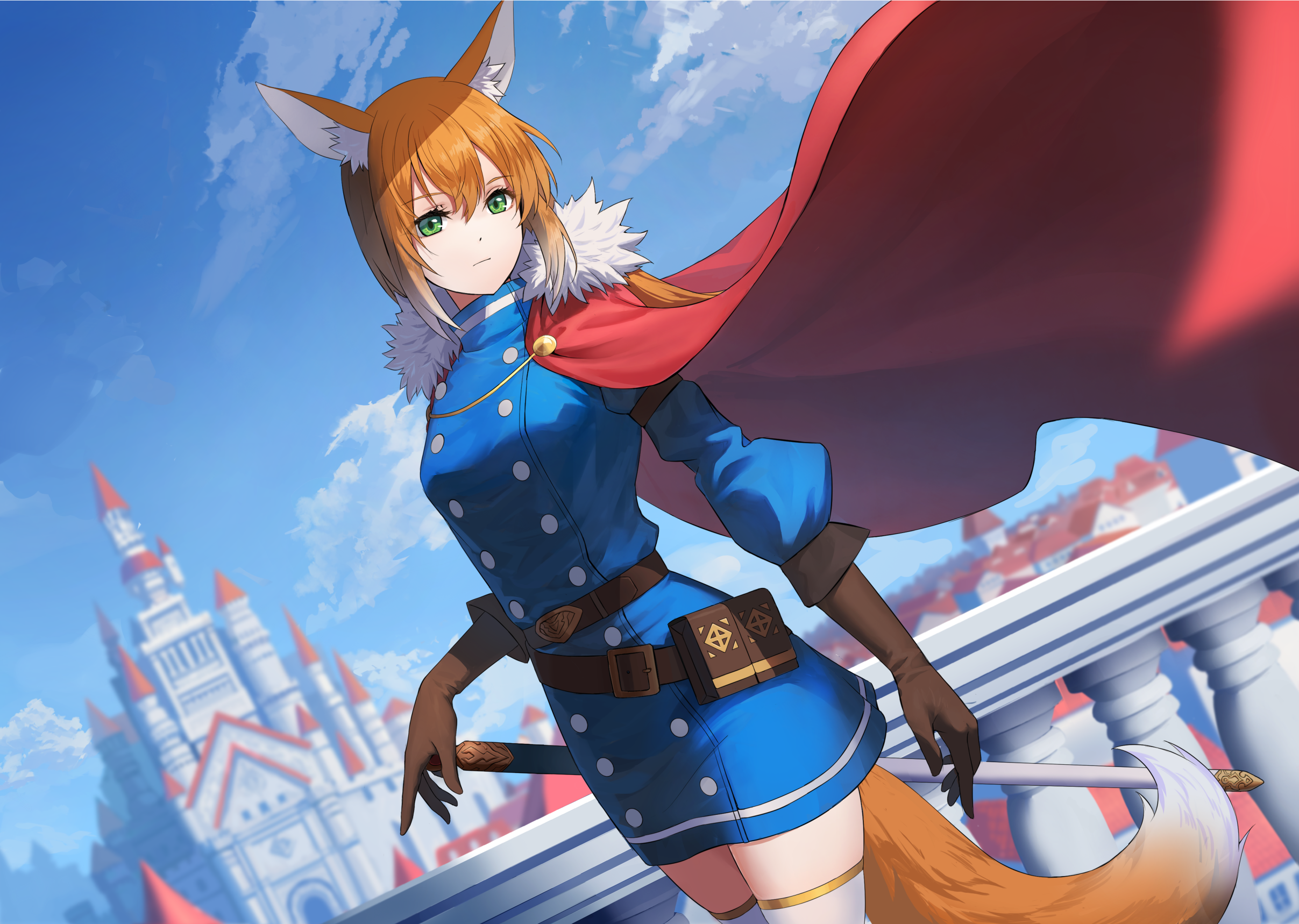 Fox-eared girl in blue uniform with red cape HD Wallpaper