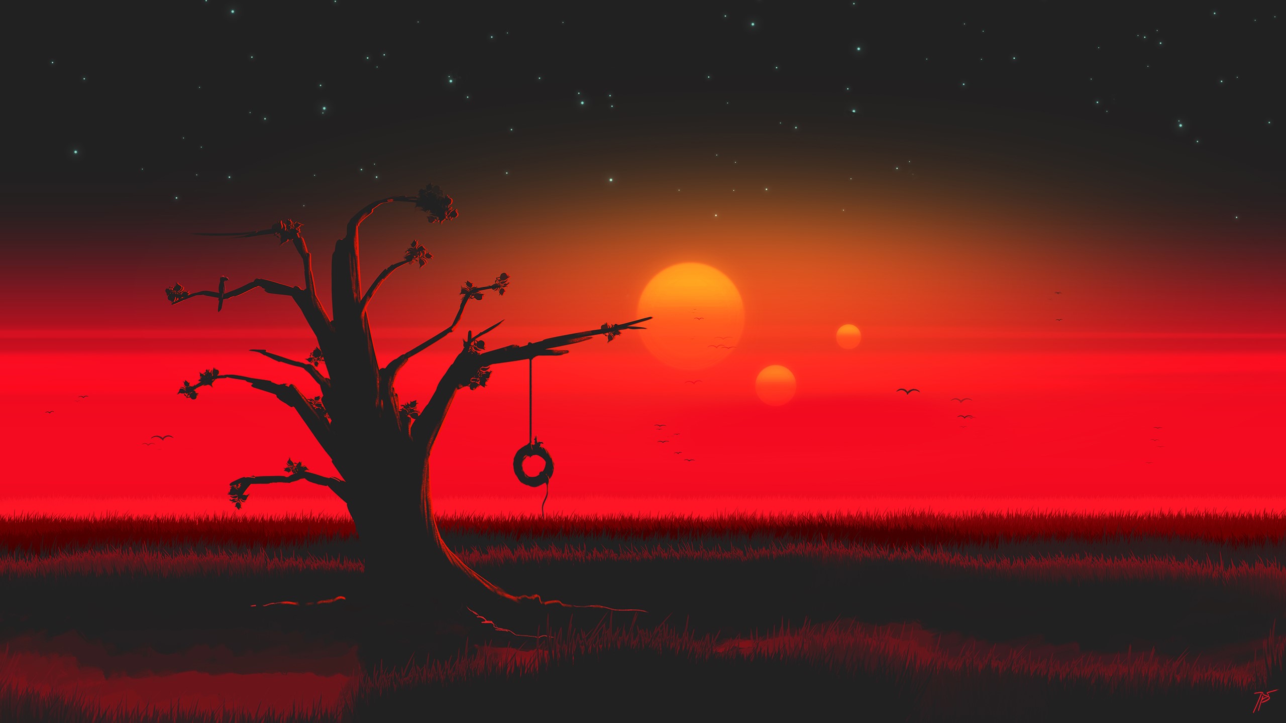 Minimalist sunset with tree and tire swing HD Wallpaper