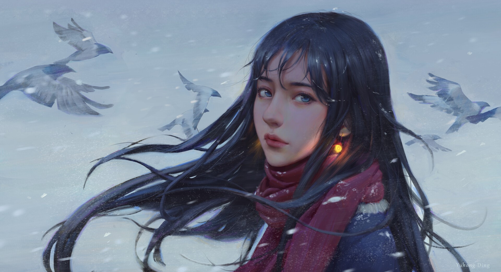 Artwork of a woman with dark hair in the snow HD Wallpaper