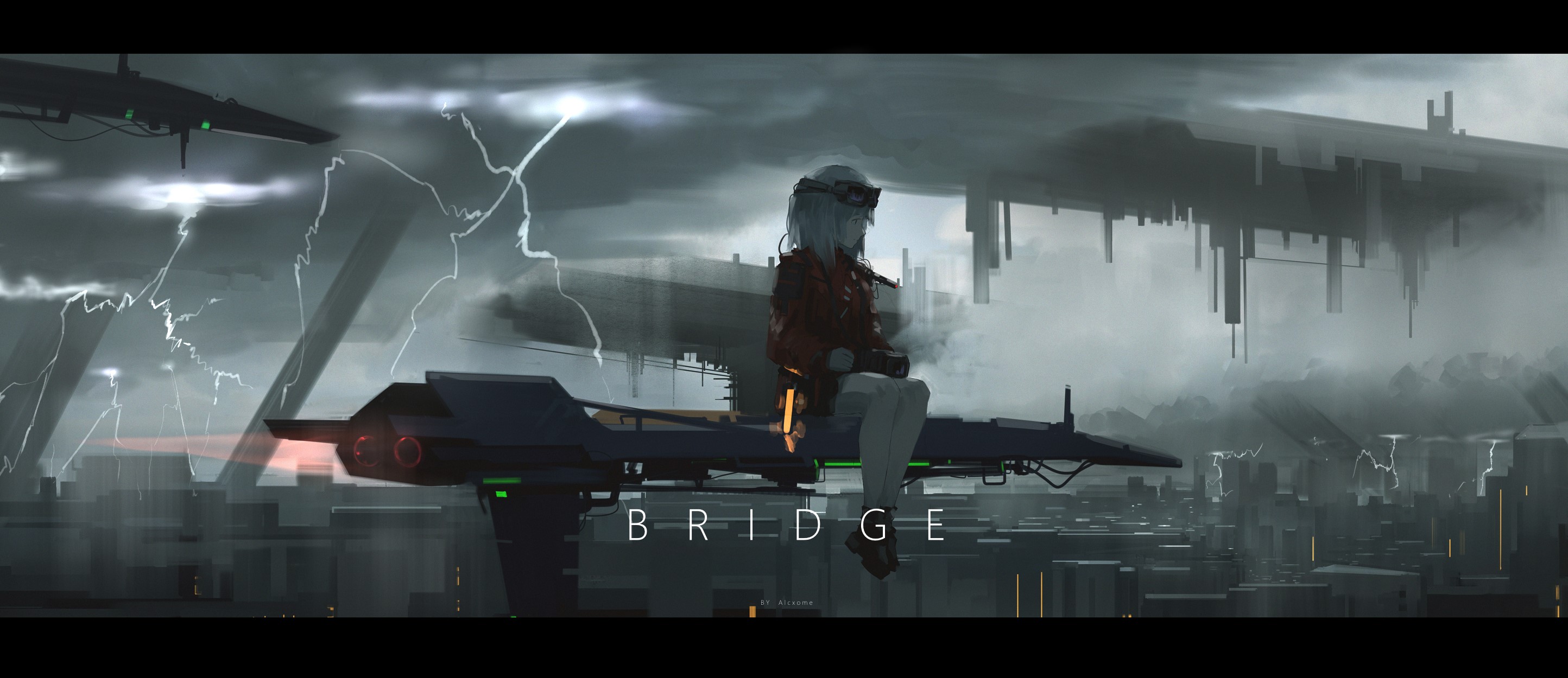 Anime girl sitting on a futuristic vehicle during a thunderstorm HD Wallpaper