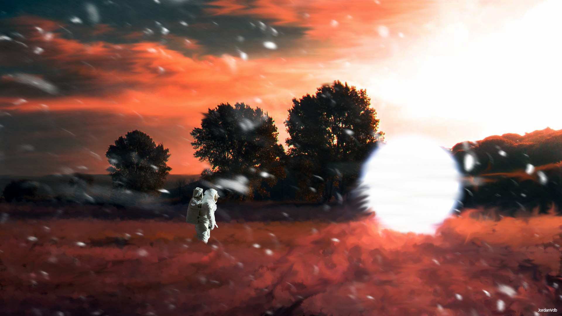 Astronaut floating in a surreal landscape HD Wallpaper