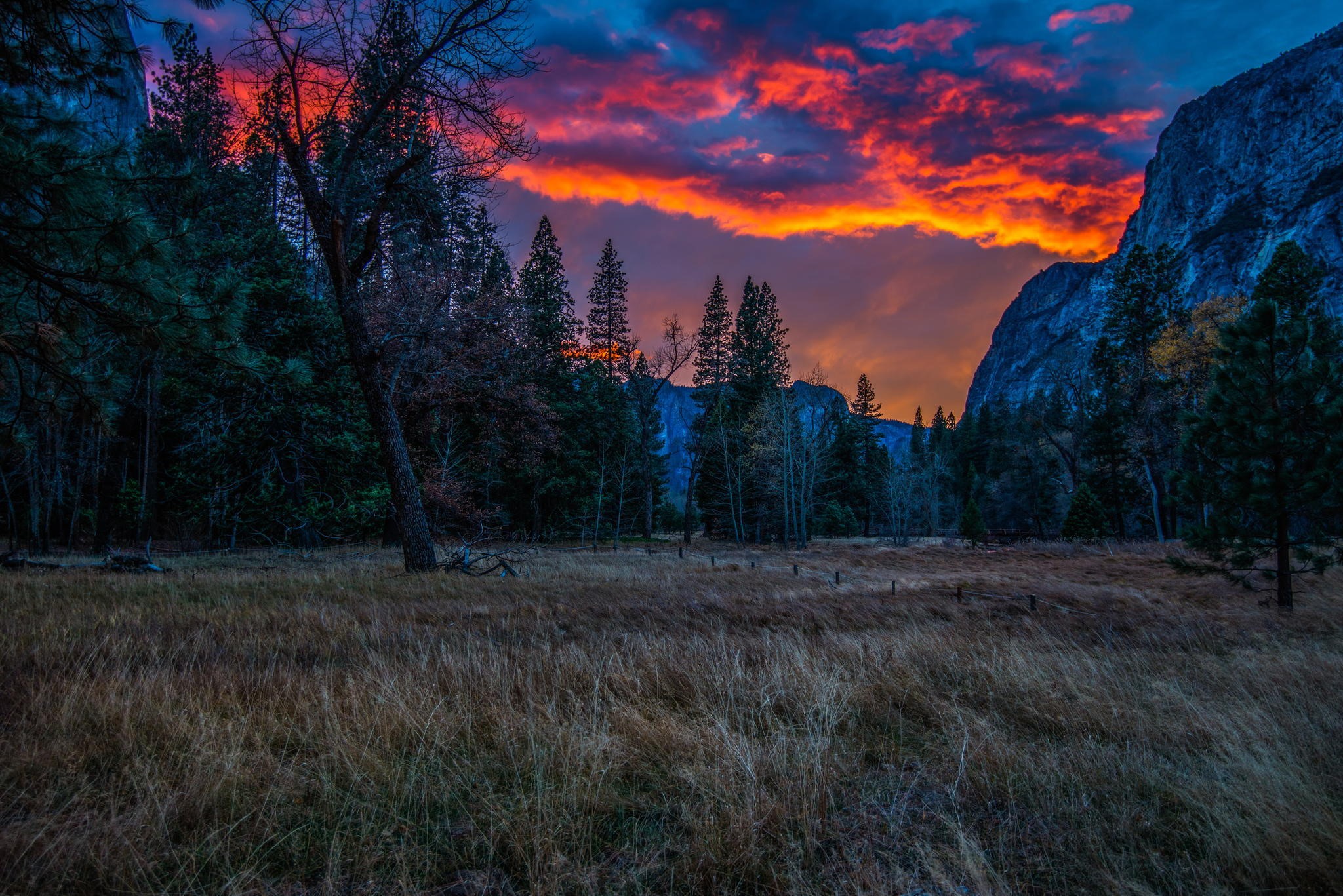 Sunset over Yosemite Valley with mountains and trees HD Wallpaper