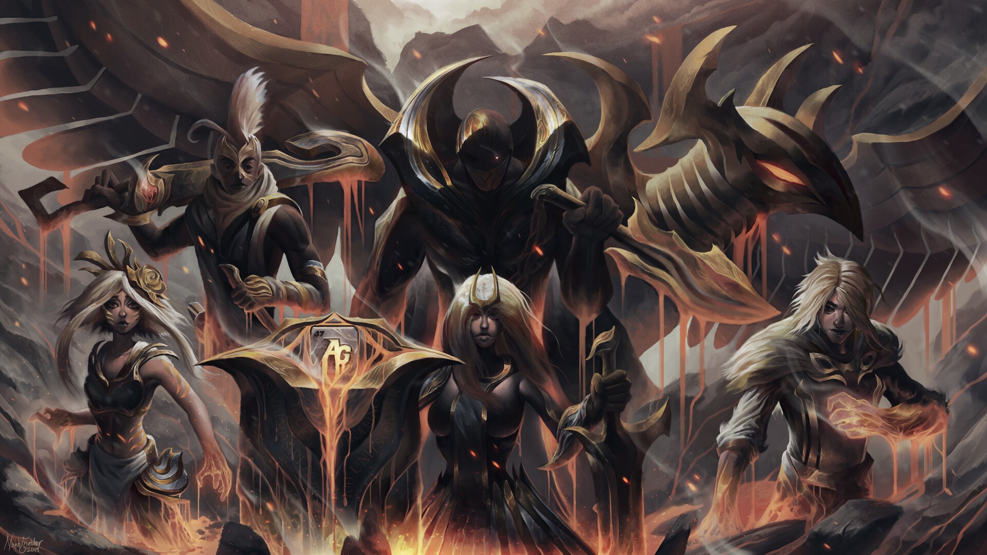 League of Legends characters in a fiery landscape HD Wallpaper