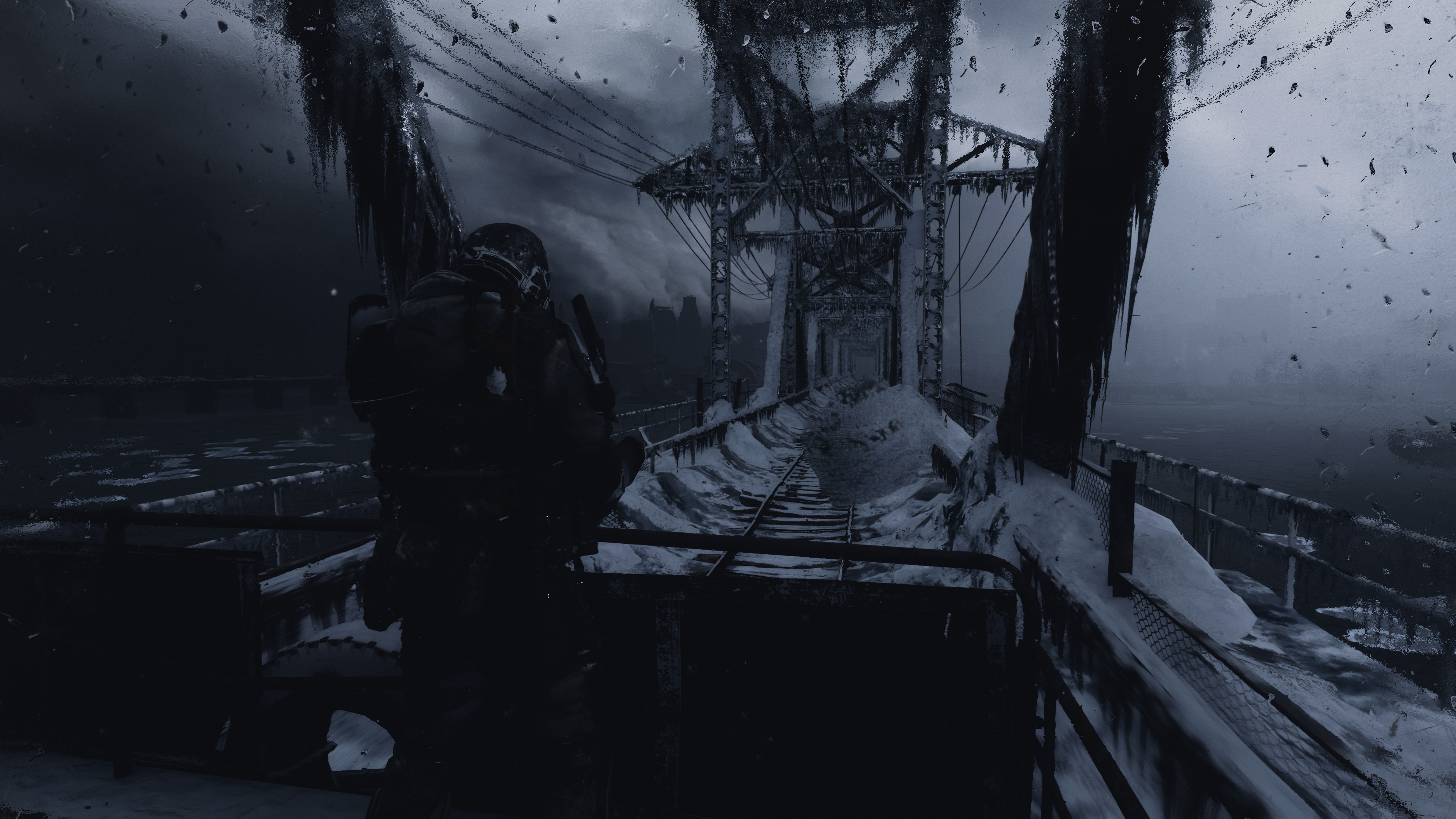 Artyom from Metro Exodus on a snowy bridge HD Wallpaper