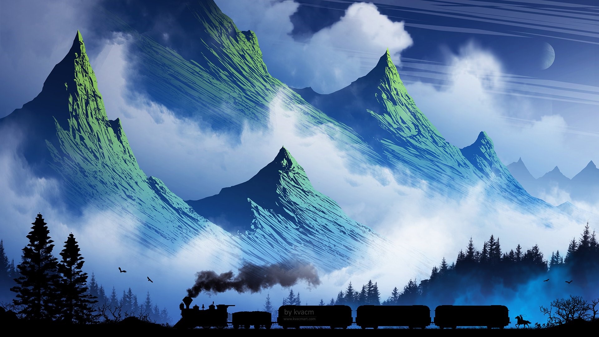 Steam train in misty mountains with a lone rider HD Wallpaper