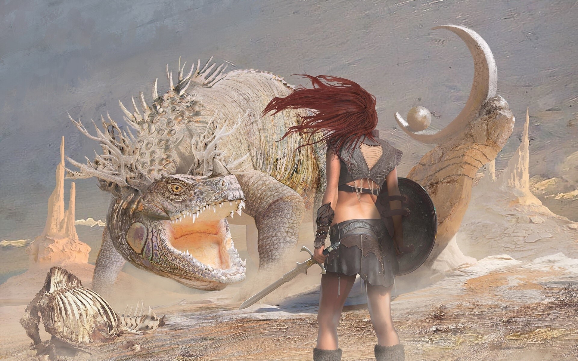 Warrior facing a large creature in a desert landscape HD Wallpaper