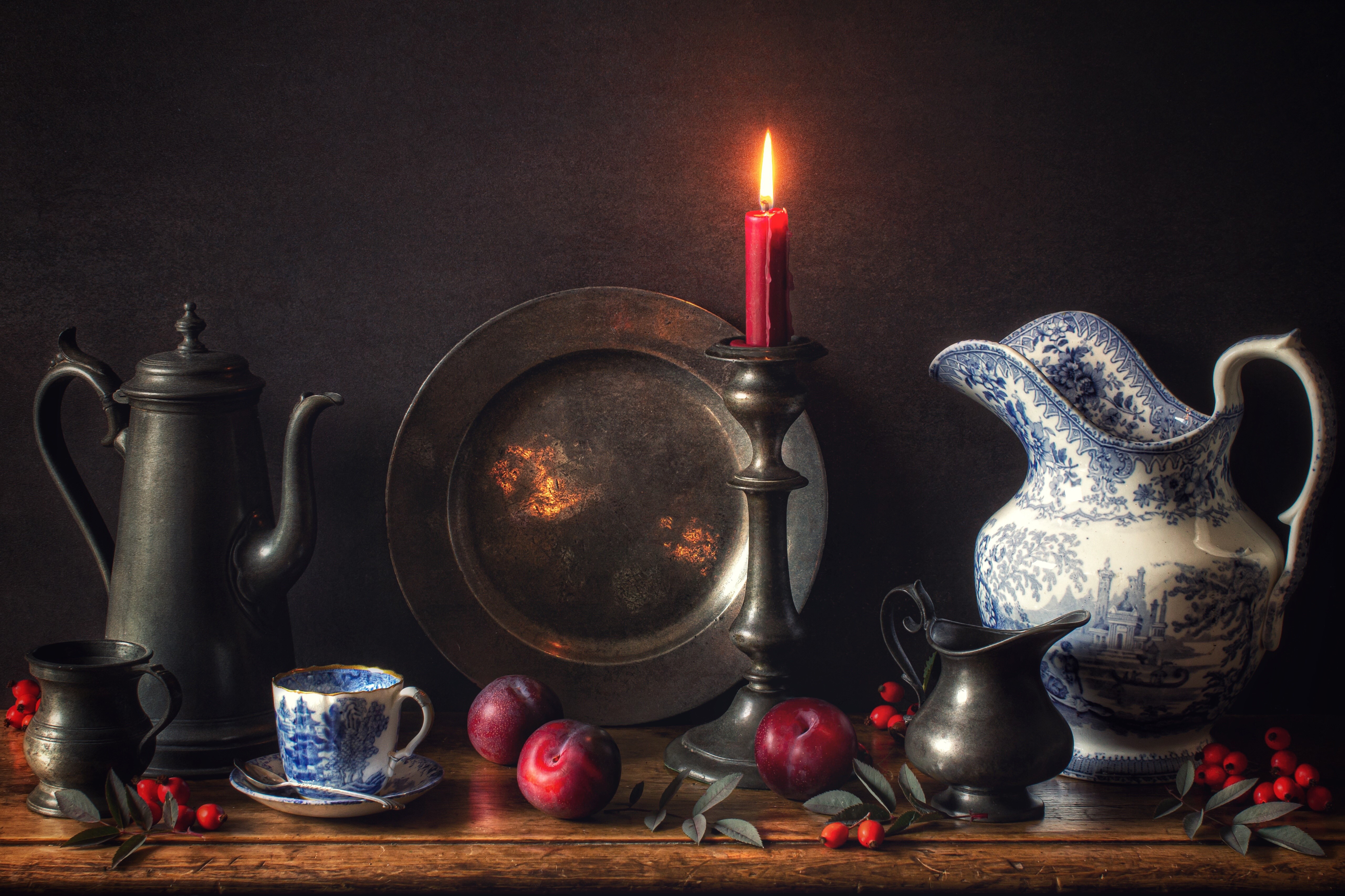 Still life with candle, fruit, and pottery HD Wallpaper
