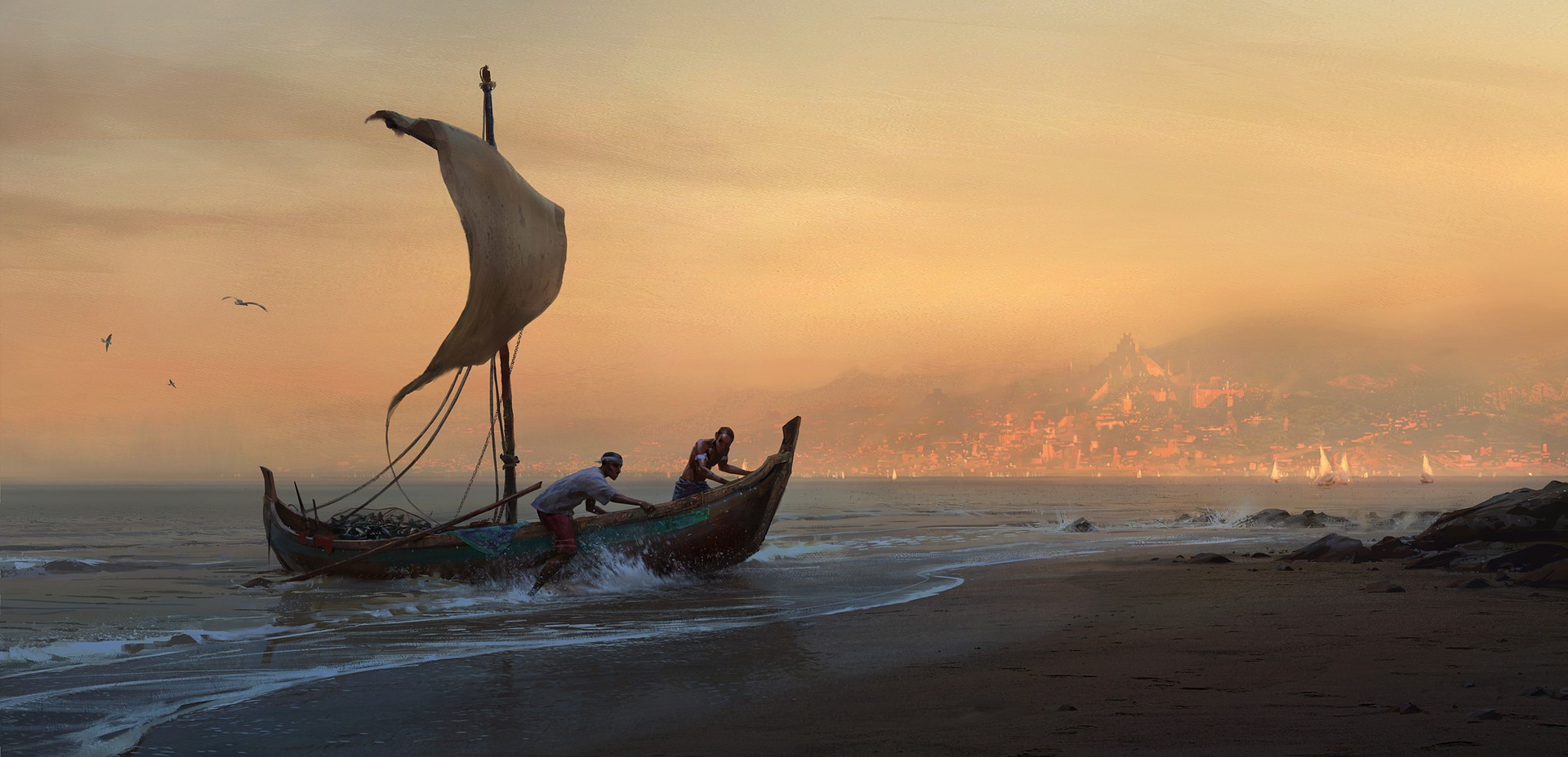 Two men push a sailboat ashore at sunset HD Wallpaper