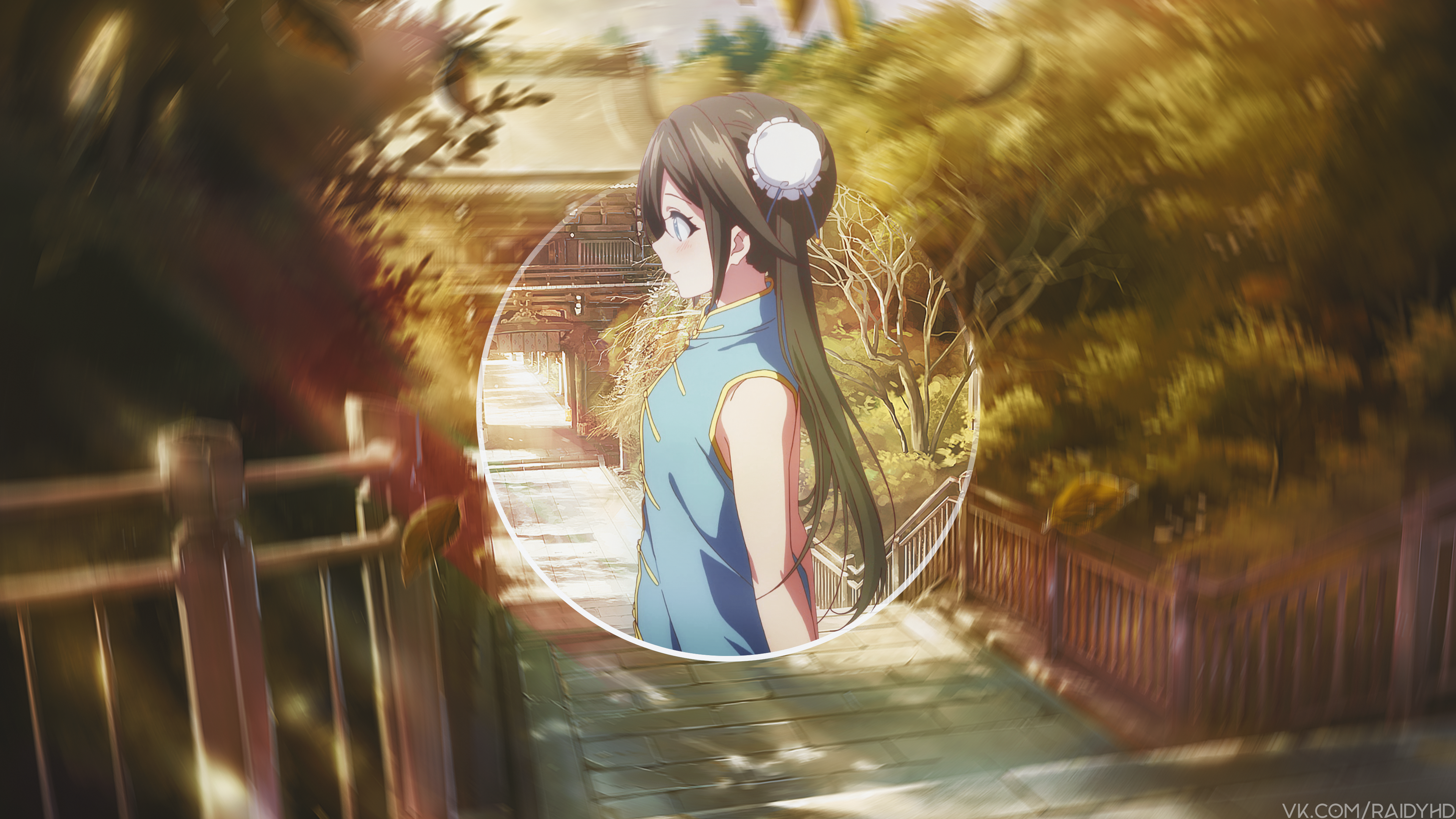 Anime girl in a blue dress with a white flower in her hair HD Wallpaper