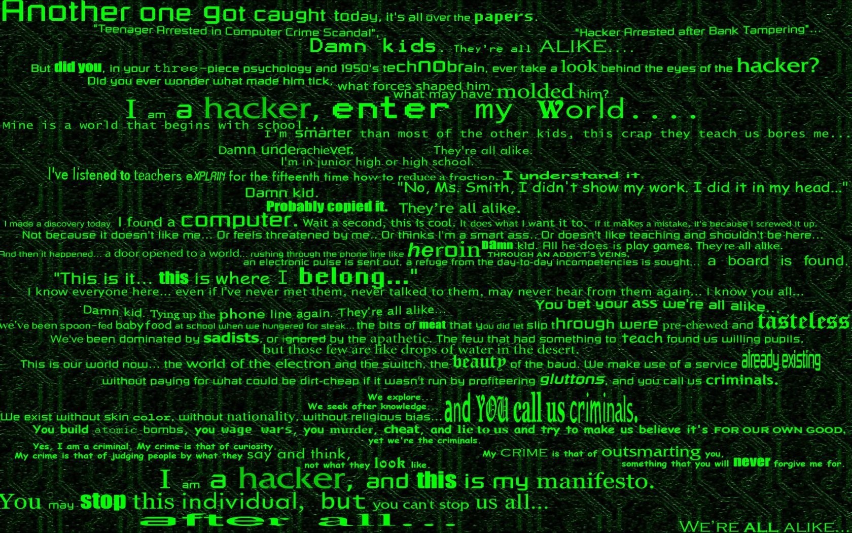 Hacker manifesto on a green matrix background HD Wallpaper