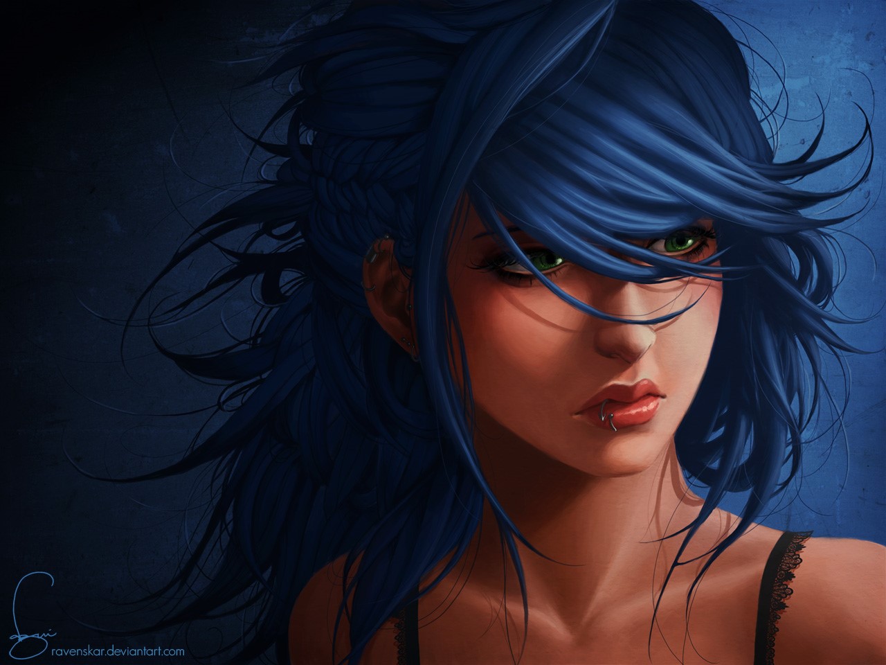 Artwork of a woman with blue hair HD Wallpaper