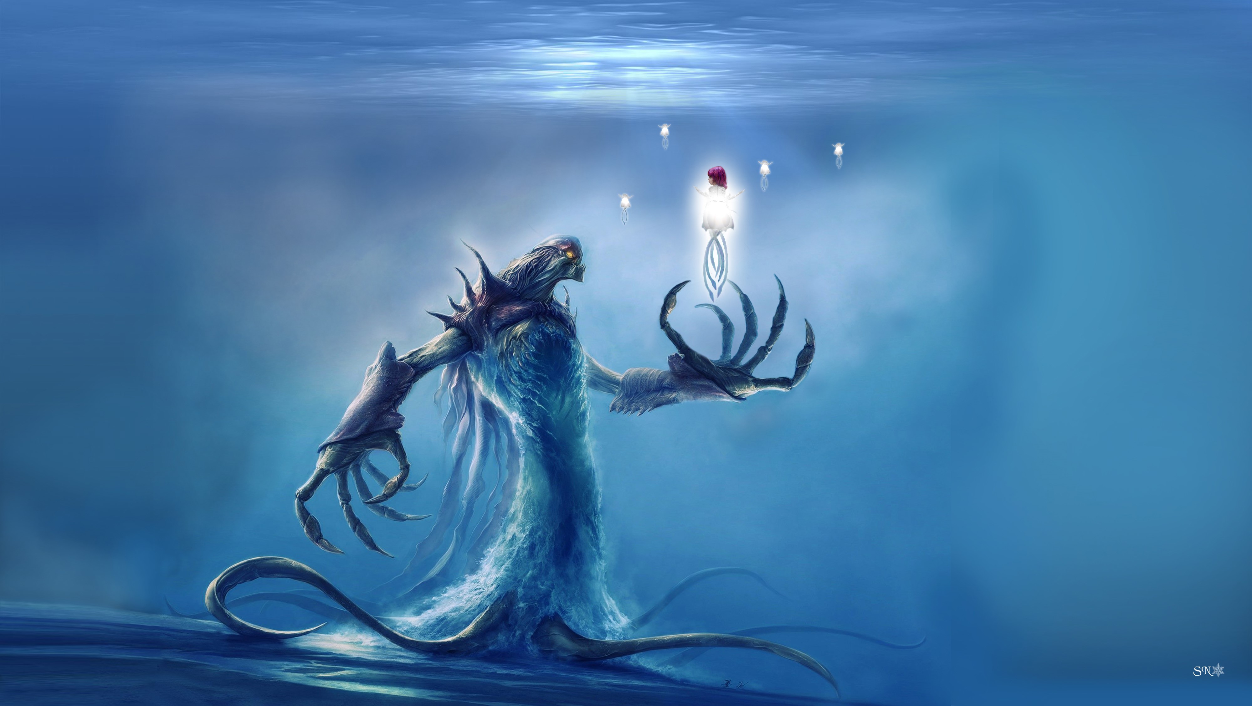 Water Spirit Creature Holding Glowing Object HD Wallpaper