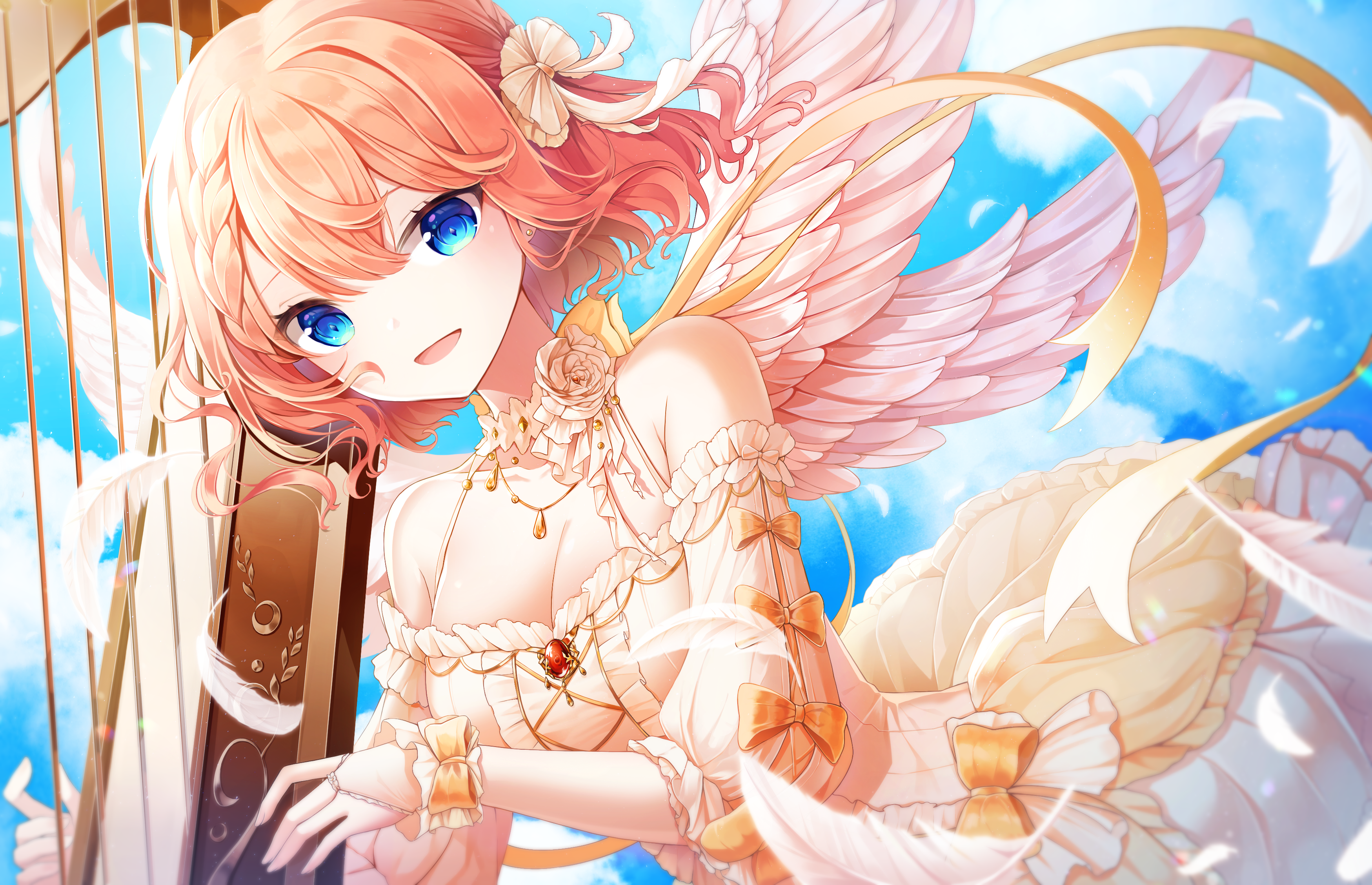 Anime girl with wings playing a harp HD Wallpaper