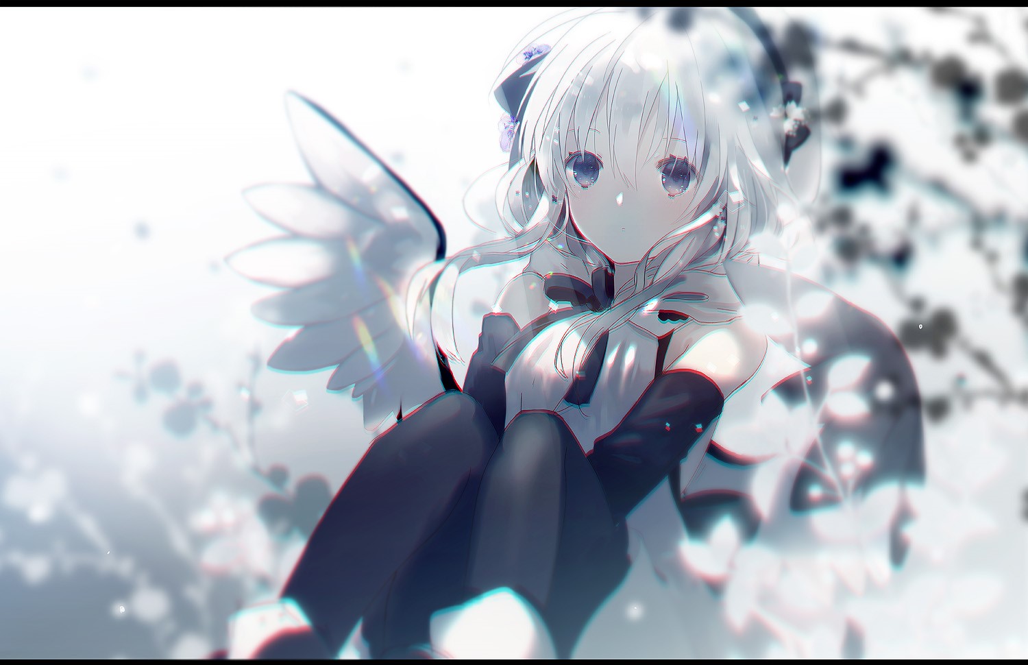 Anime girl with silver hair and wings HD Wallpaper