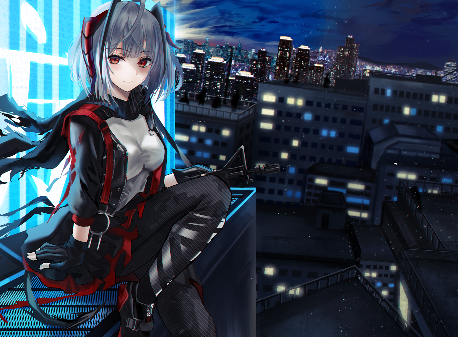 Anime girl with gun on rooftop at night HD Wallpaper