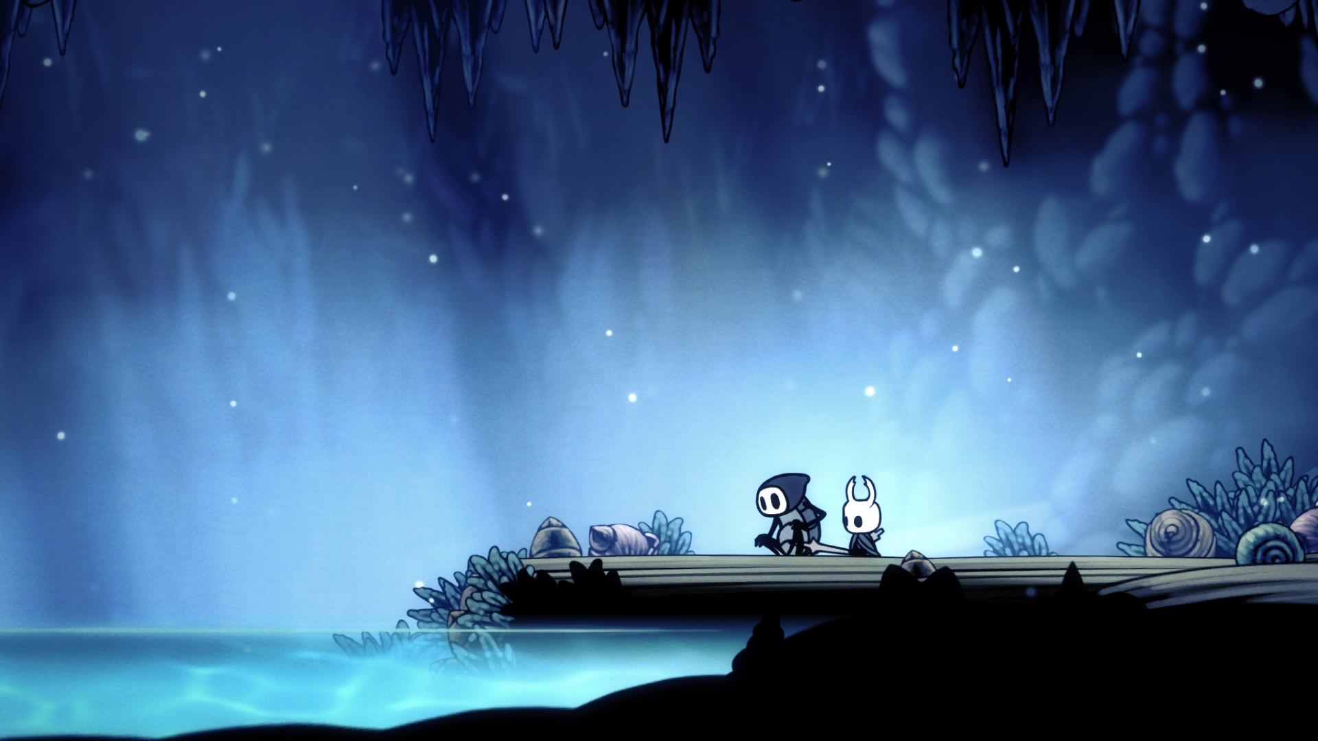 Hollow Knight characters on a platform near water HD Wallpaper