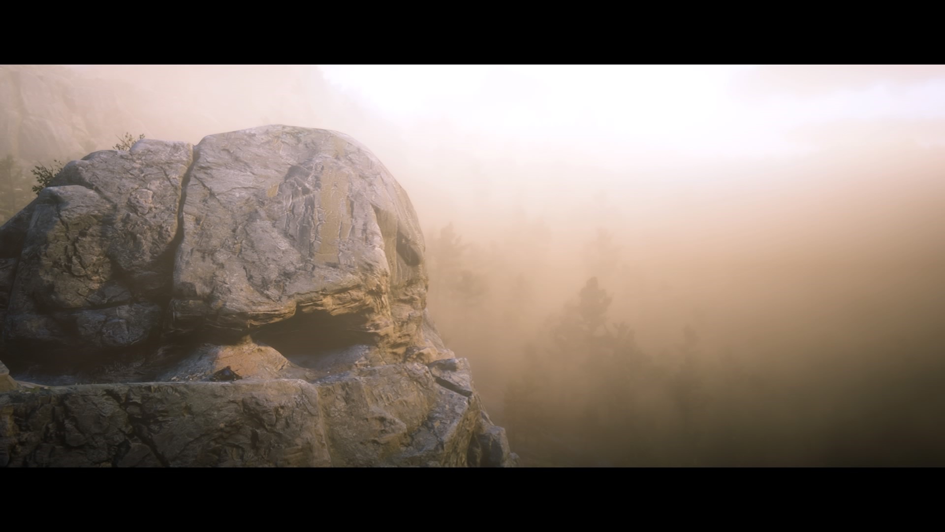 Rock formation in foggy Red Dead Redemption 2 landscape HD Wallpaper
