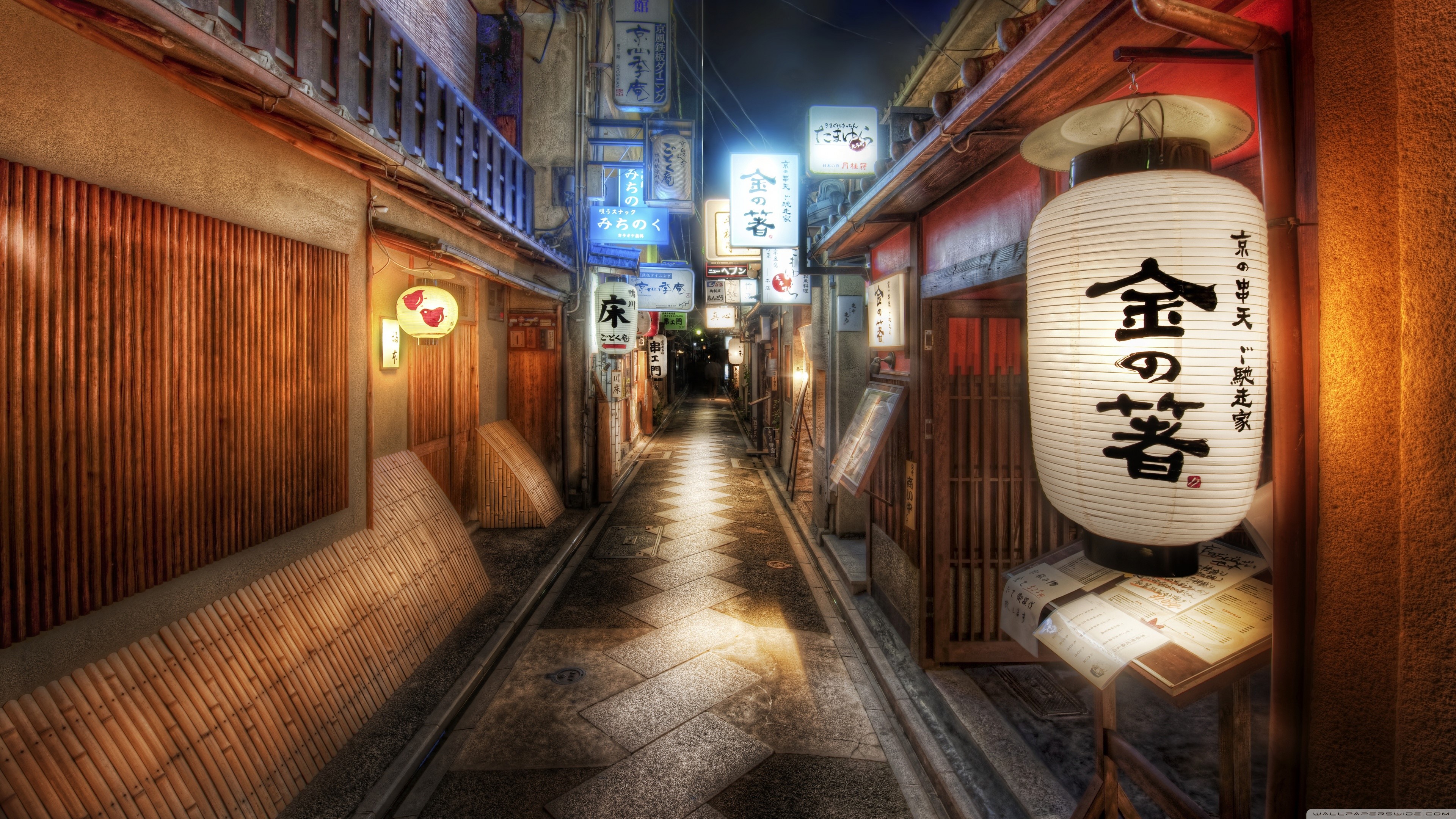 4K Kyoto street with Japanese lanterns and kanji signs HD Wallpaper