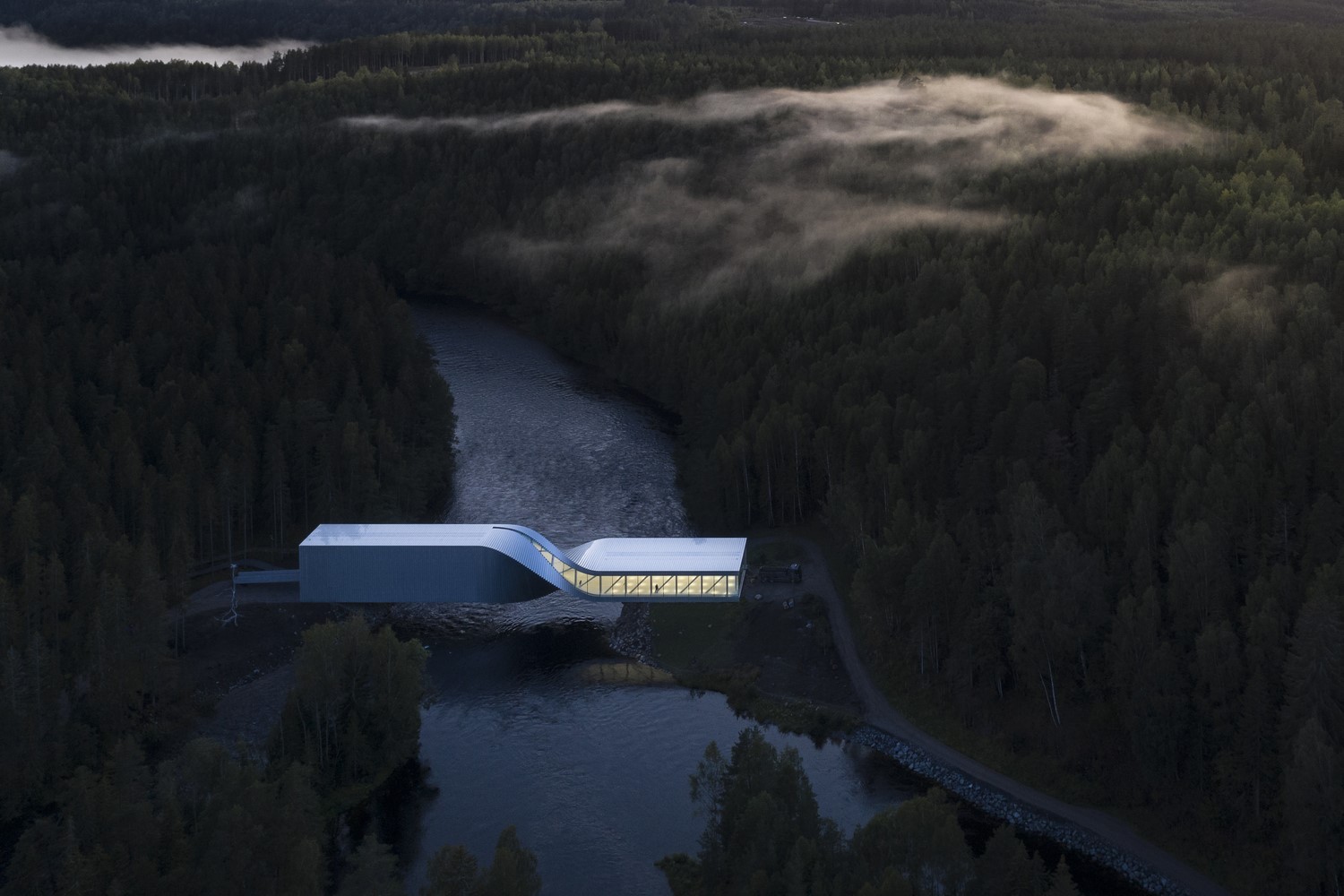 Twisted architecture over a river in a forest HD Wallpaper