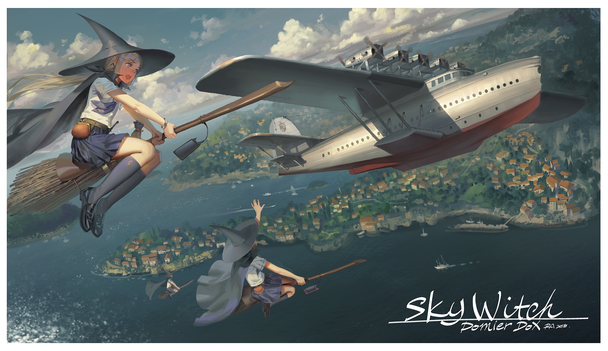 Two anime witches flying brooms near a seaplane over a coastal town HD Wallpaper