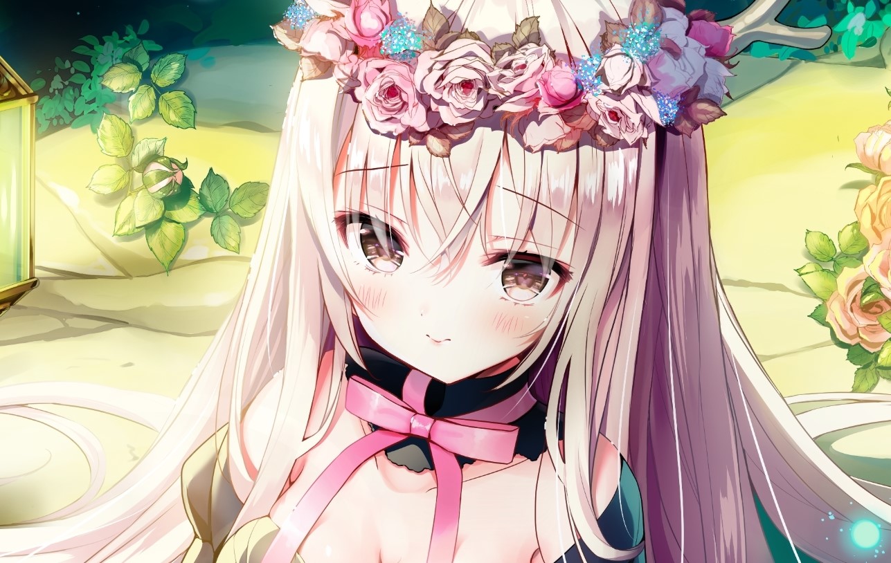 Anime girl with flower crown and antlers HD Wallpaper
