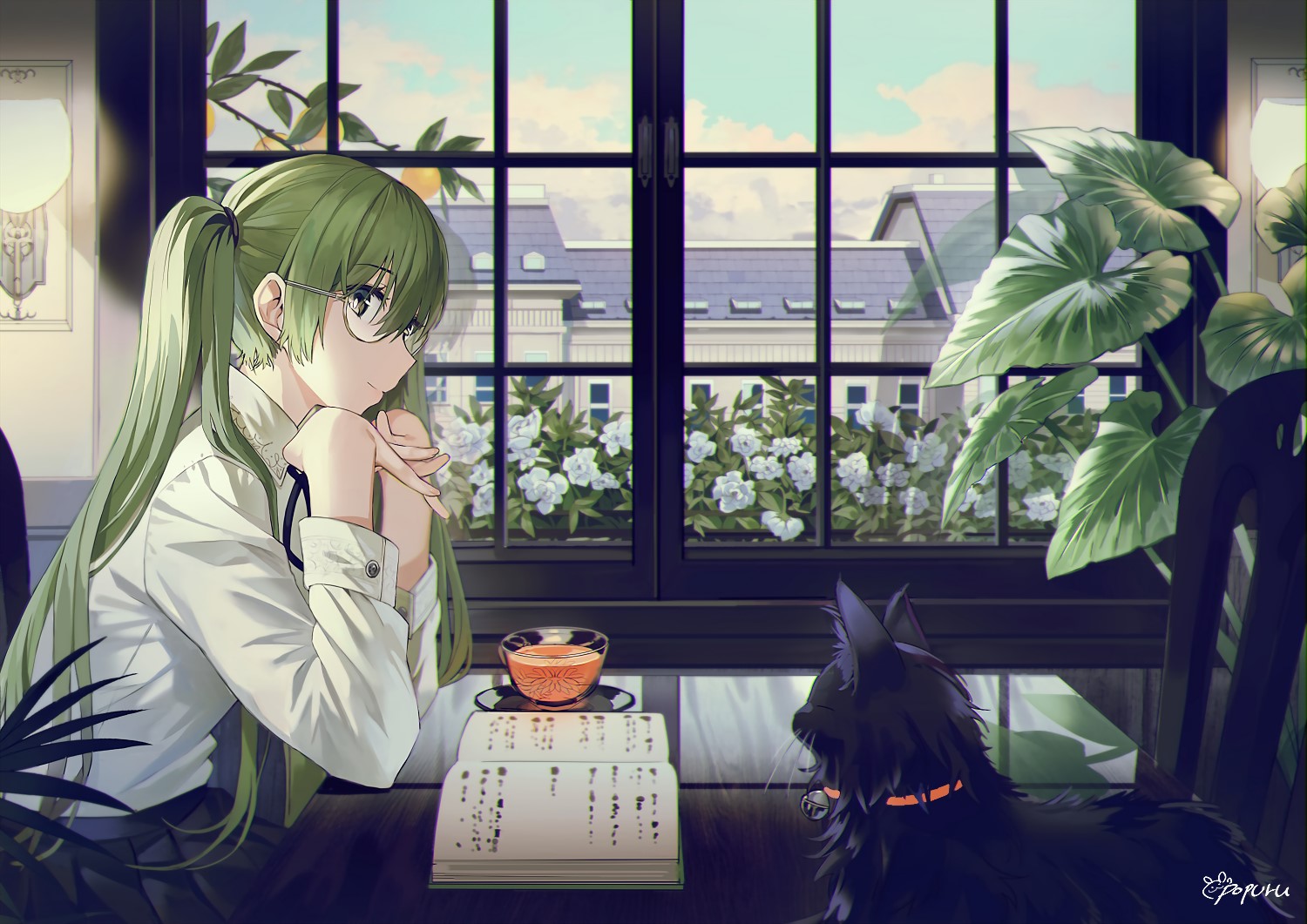Girl with green hair and black cat by the window HD Wallpaper