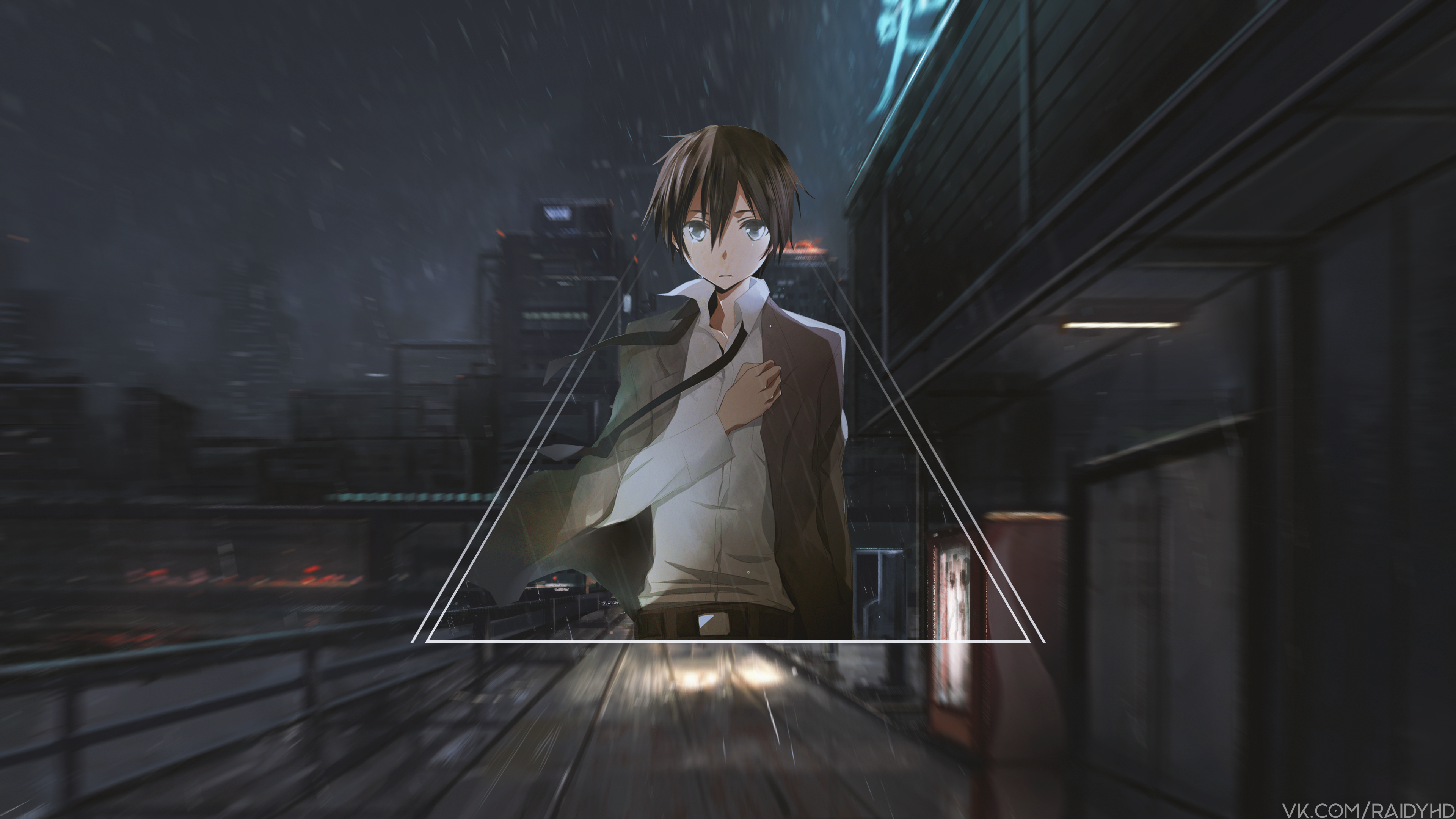 Anime boy in a suit on a rainy city street HD Wallpaper