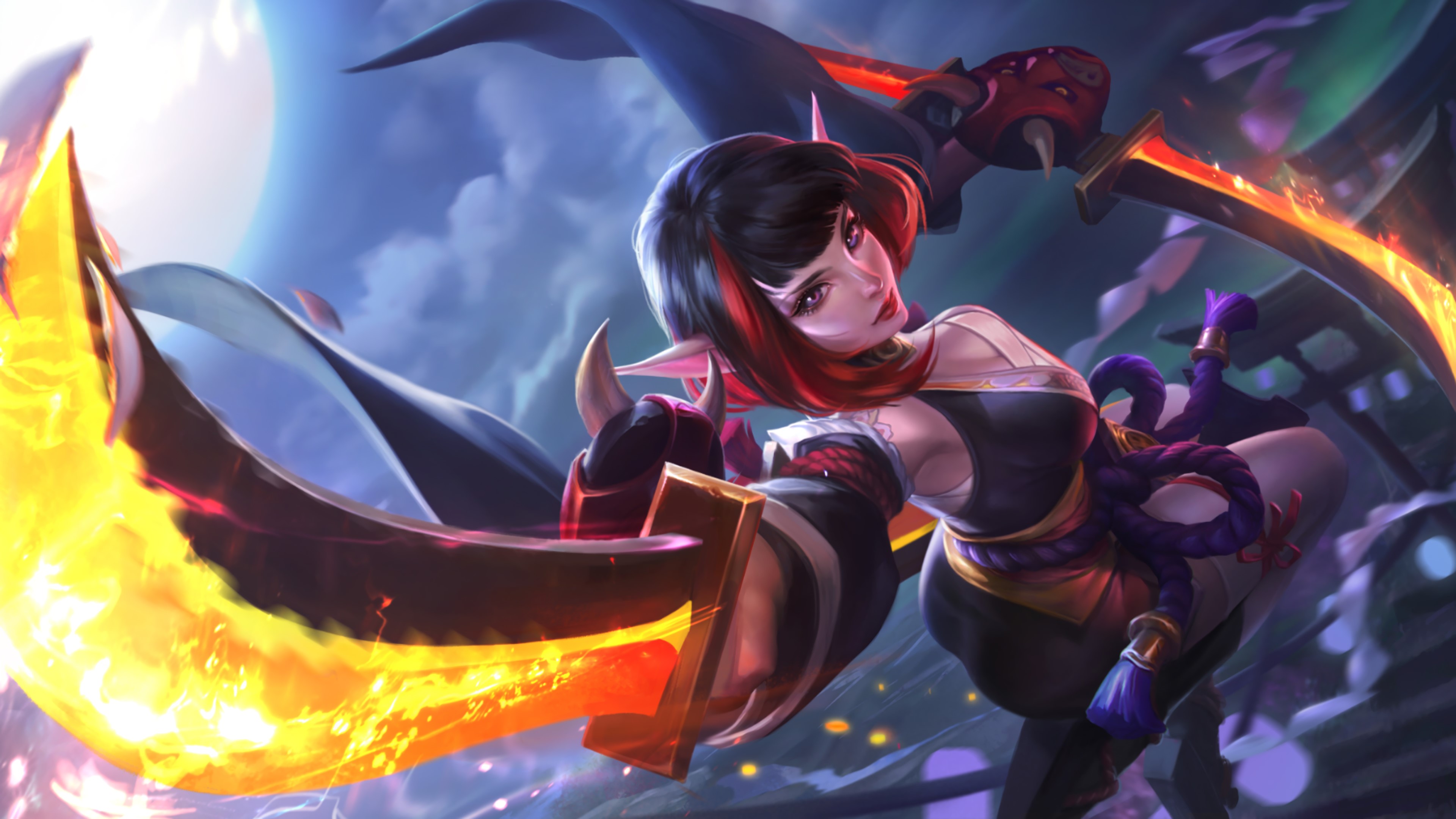Karina from Mobile Legends with flaming swords HD Wallpaper