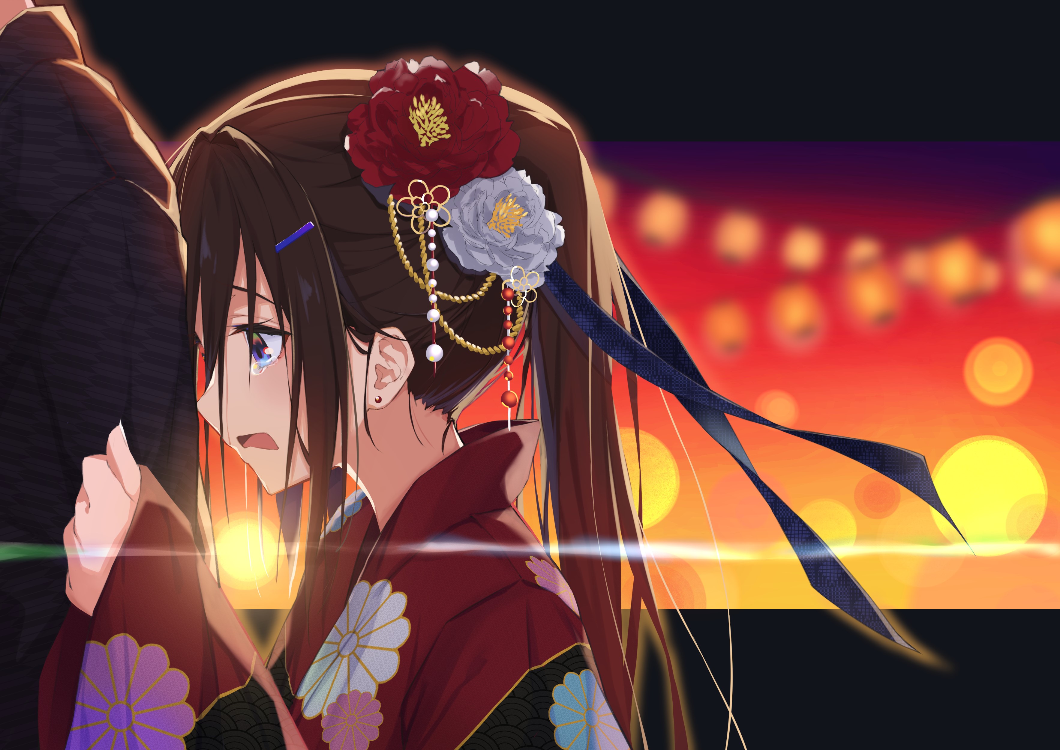 Anime girl in kimono crying at night HD Wallpaper