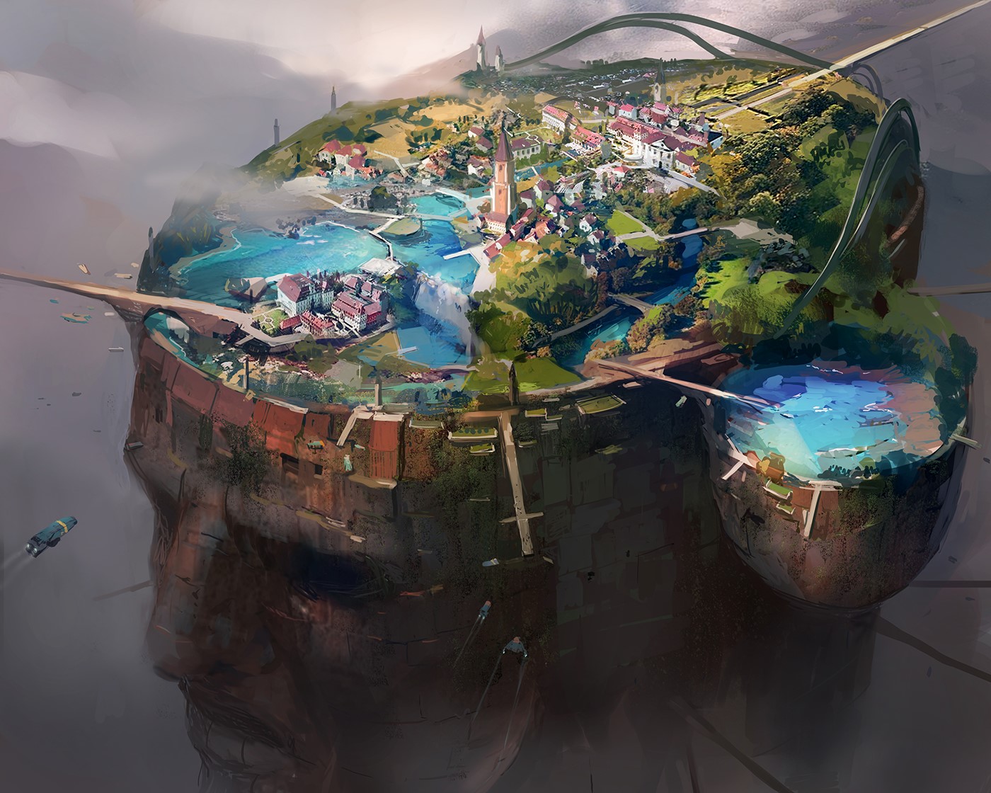 Floating city on a giant head by J.C Park HD Wallpaper