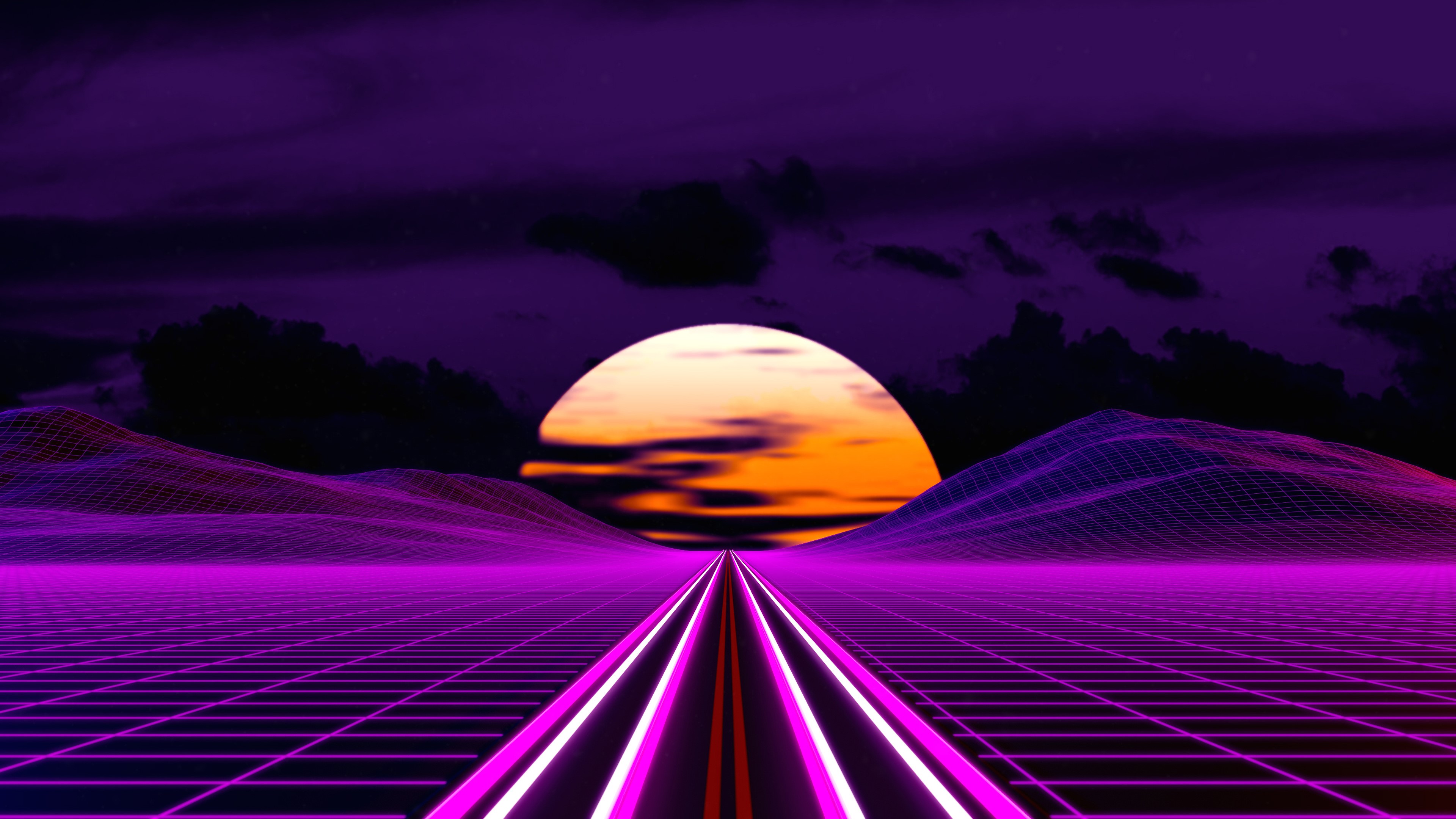 Retrowave road with sunset and neon mountains HD Wallpaper