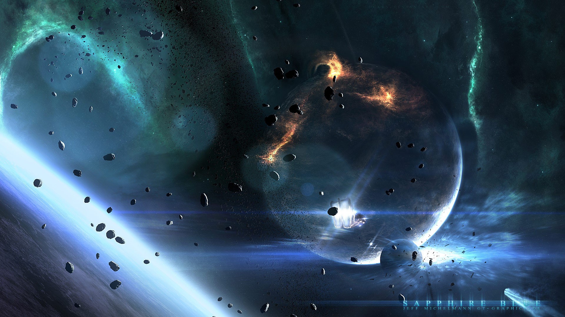 Space scene with planets and asteroids HD Wallpaper