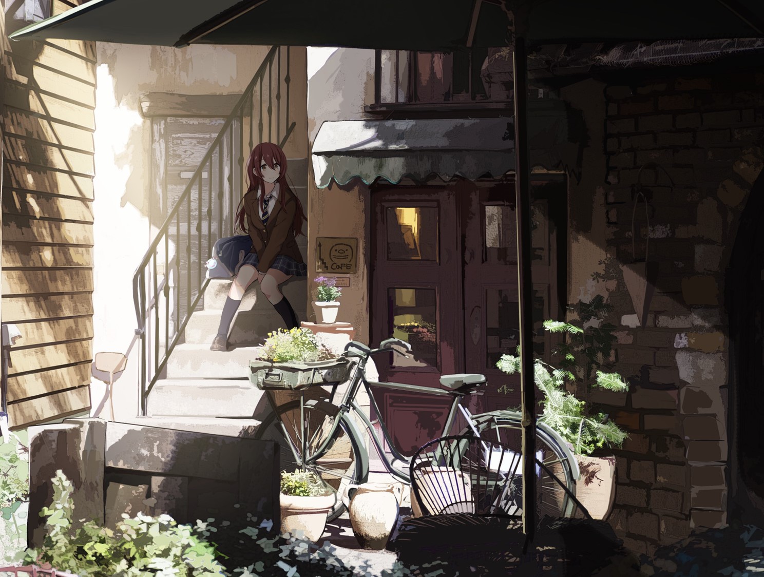 Girl in school uniform sitting on stairs with bicycle HD Wallpaper