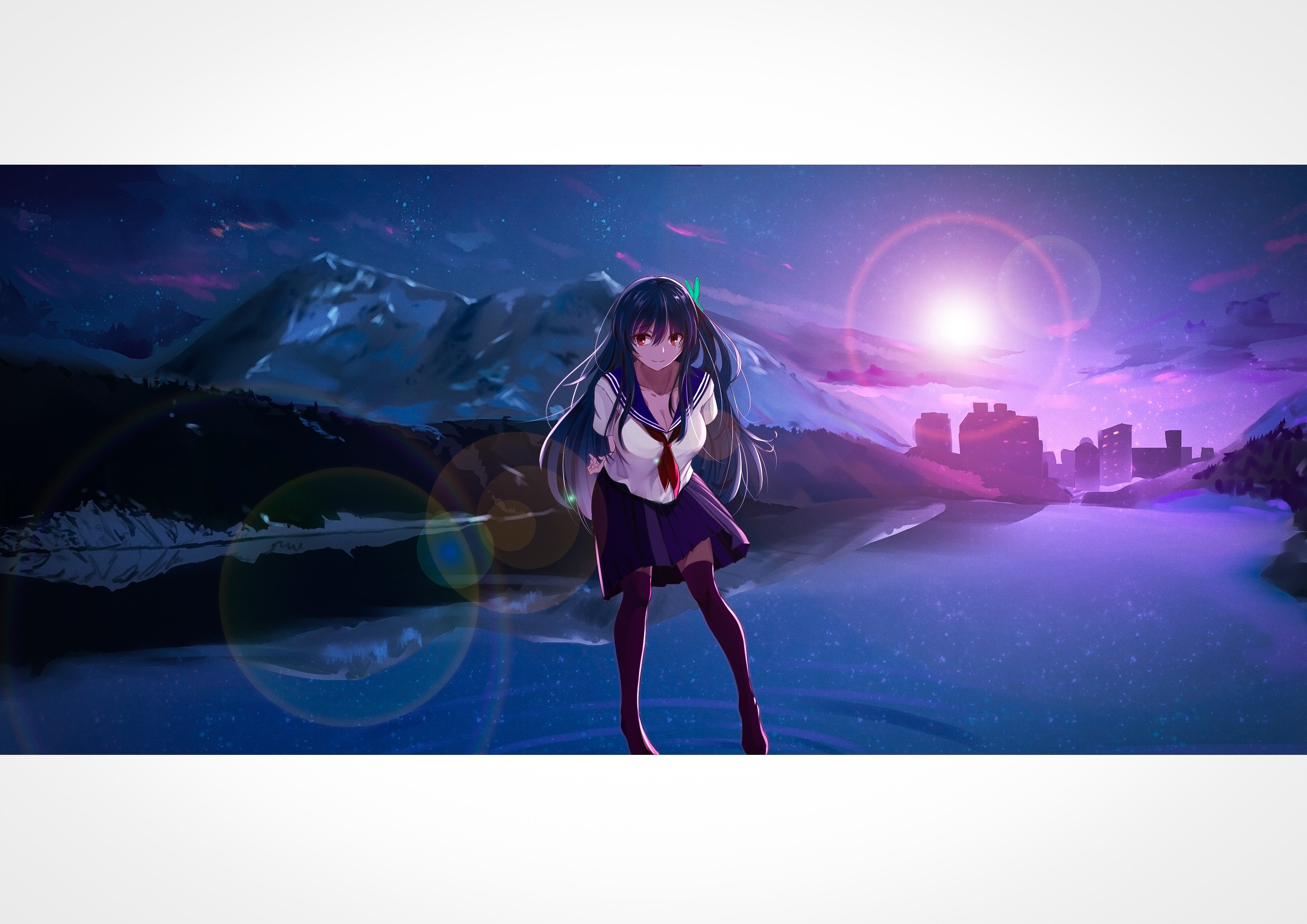 Anime girl in school uniform by a lake at night HD Wallpaper